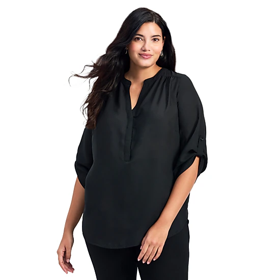 Avenue Women's Plus Size Madeline Tab Sleeve Blouse, Color: Black ...