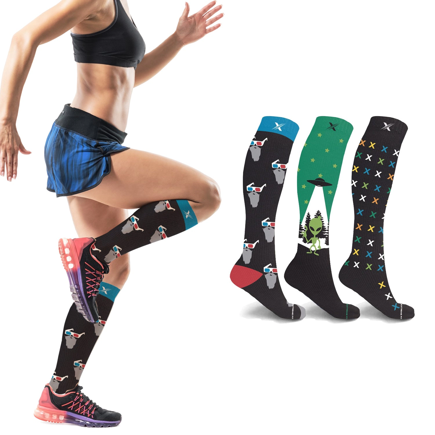 Extreme Fit Glow In The Dark Sport Compression Socks - Knee High Performance Socks - 3 Pair