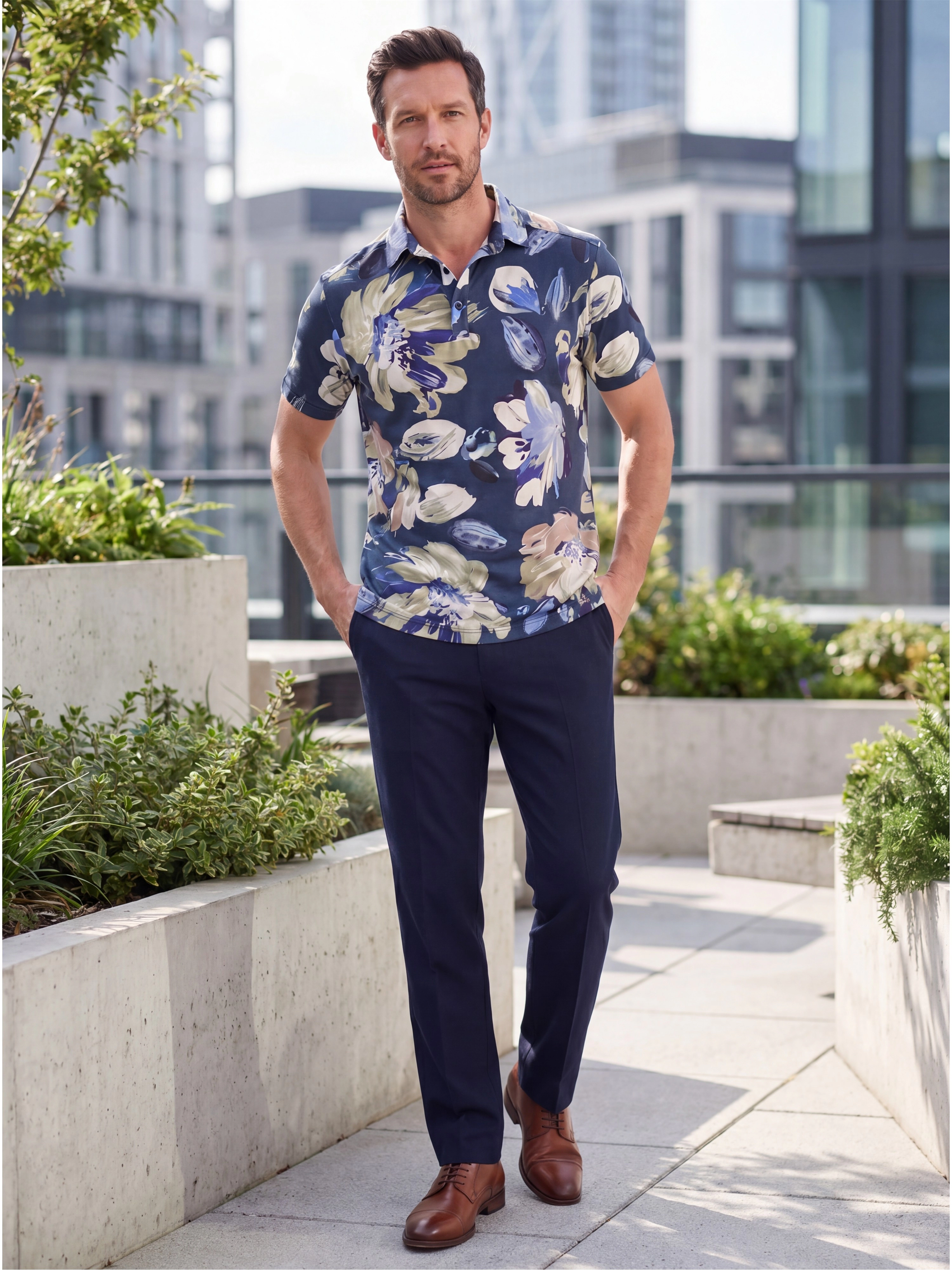 24sevenMen Wrinkle Resistant 3 Button Machine Washable Blue Floral Polo Shirt
