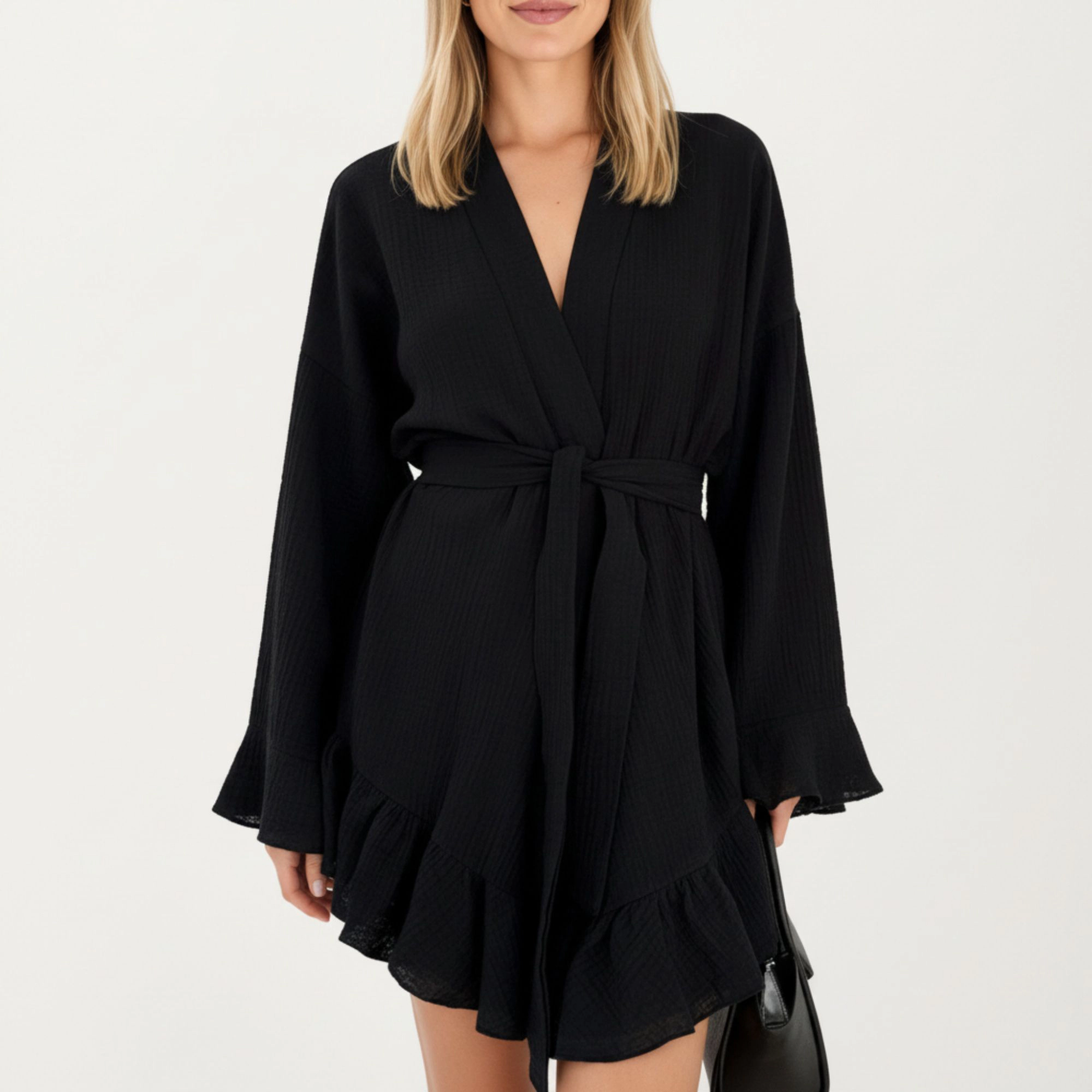 Anna-Kaci Women's Wrap Tie Front Night Robe and Ruffle Shorts 2-Piece