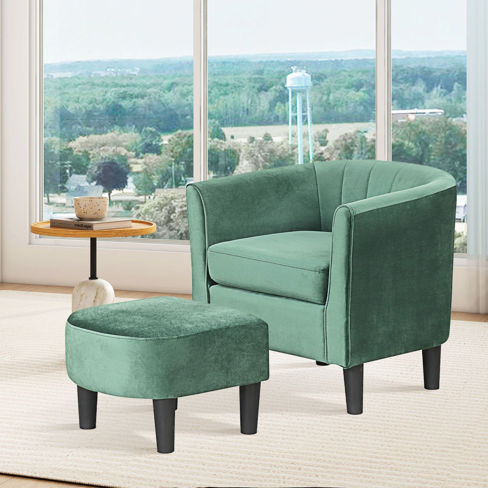 SUGIFT Green Teddy Velvet Barrel Chair with Ottoman, Removable Washable Cover, 350 lb Capacity