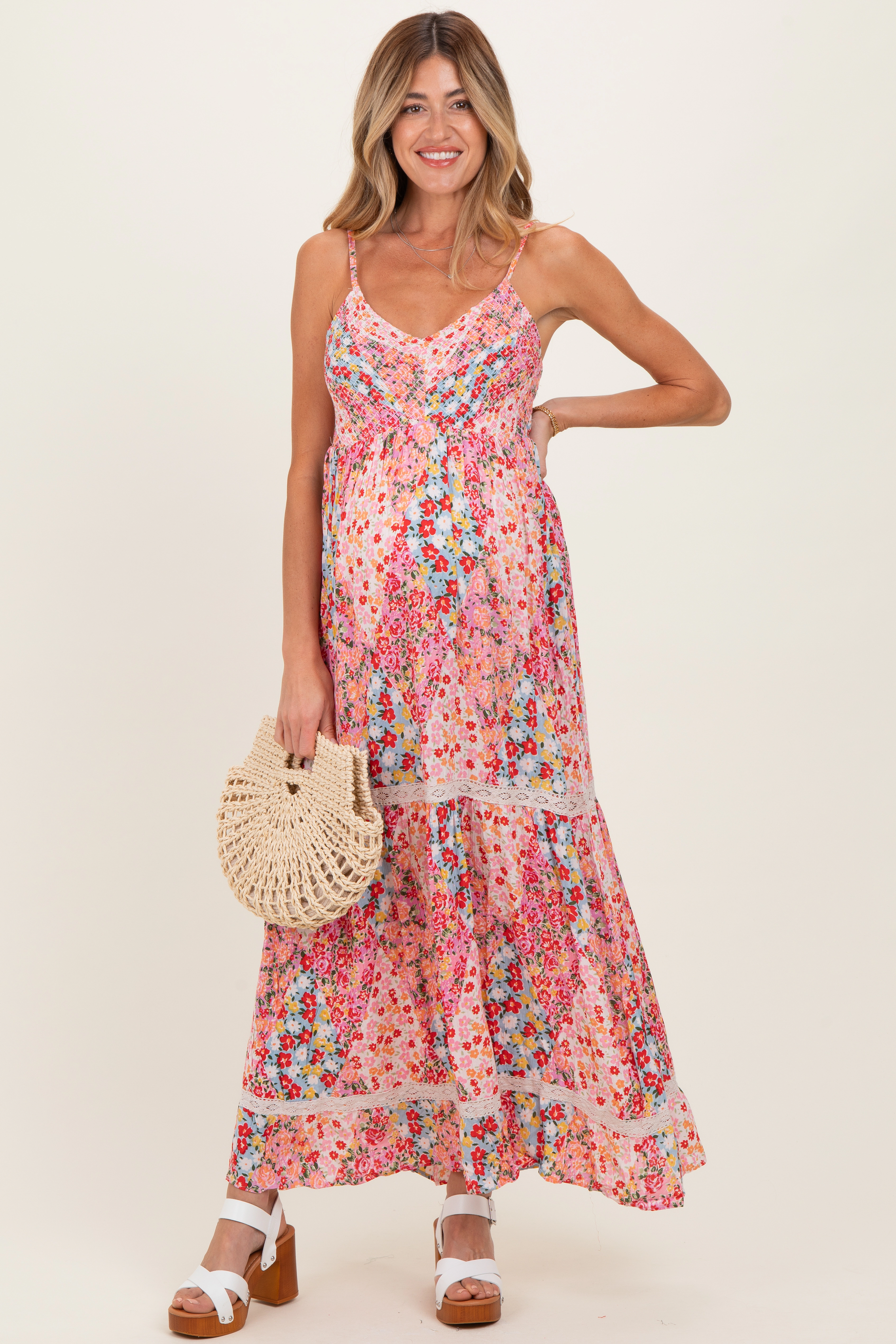 PinkBlush Womens Pink Smocked Bust V Neck Lace Trim Maternity Maxi Dress
