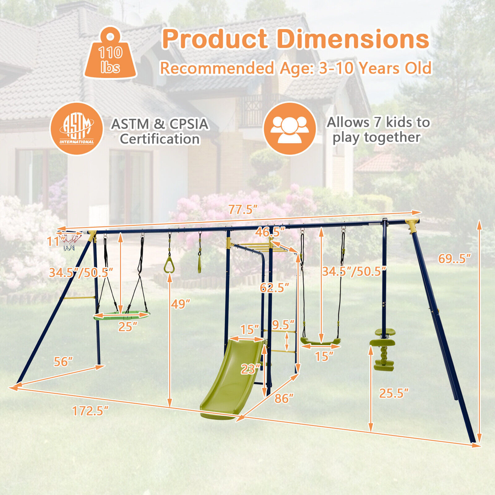 SUGIFT 7-in-1 A-Shaped Steel Kids Outdoor Swing Set with Slide Basketball Hoop Monkey Bar and Gym Rings