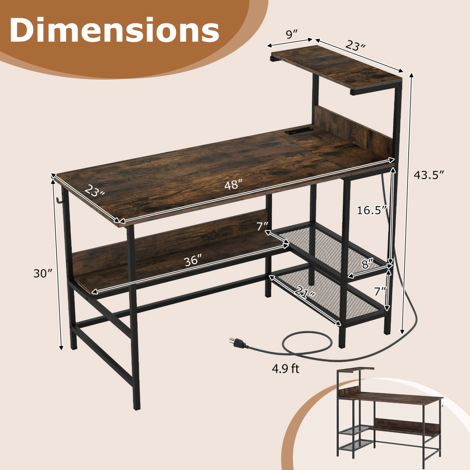 SUGIFT 48-Inch Rustic Brown Computer Desk with 3-Tier Storage Tower and Mesh Shelves