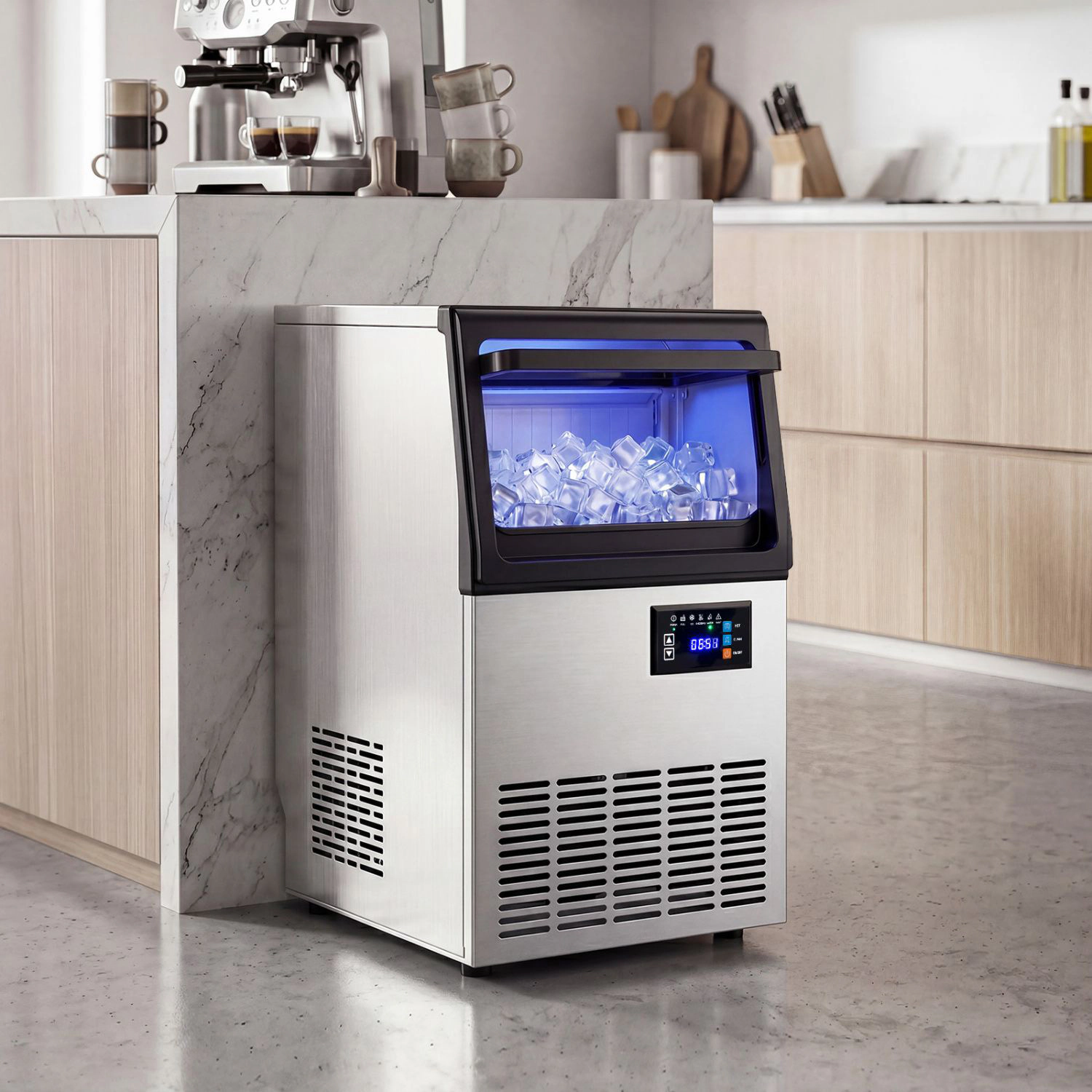 SlickBlue Black Silver Stainless Steel Ice Machine, 80 Lbs Daily