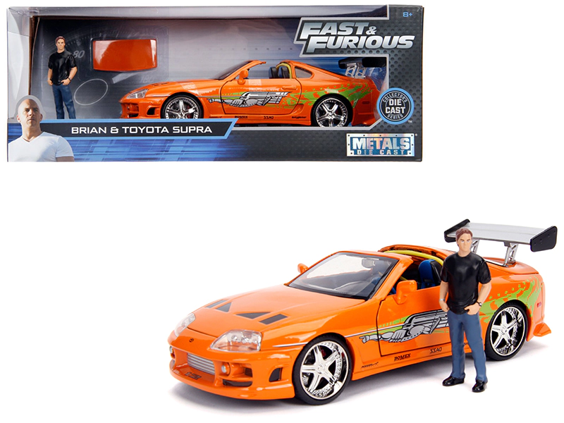 Jada Toyota Supra Orange Metallic with Brian Diecast Figurine "Fast & Furious" Movie 1/24 Diecast Model Car by Jada