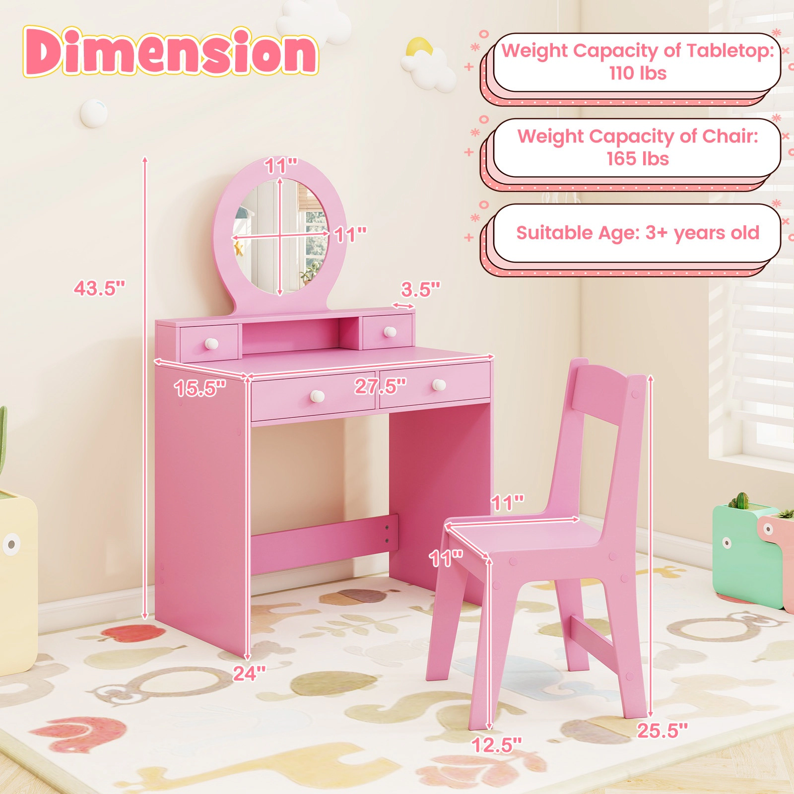 SUGIFT Kids Vanity Table and Chair Set with Acrylic Mirror 110-lb Tabletop and 165-lb Chair Capacity Ages 3+ Pink/White