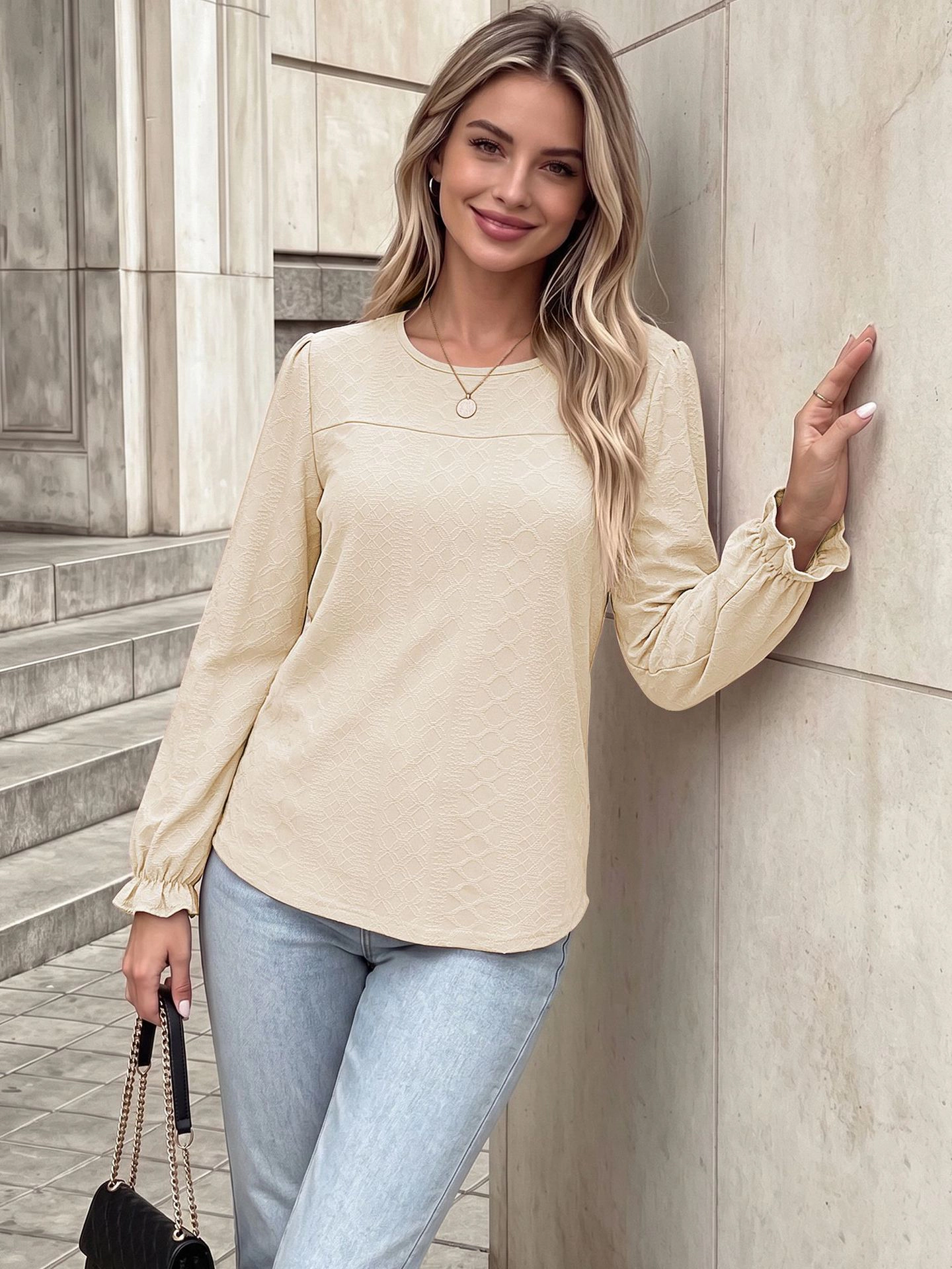 Enchanted Funland Womens Round Neck Textured Jacquard Puff Long Sleeve Ruffle Tops