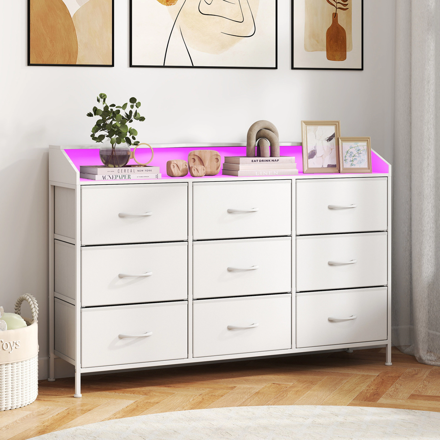 LJG Storage Organizer with LED Lights and 9 Fabric Drawers