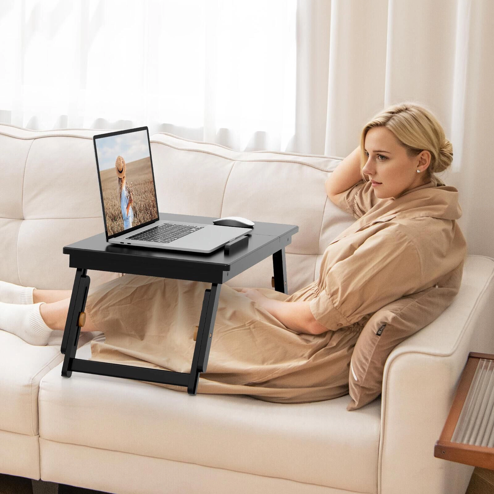 SUGIFT Bamboo Tilting Top Drawer Folding Legs Bed Tray Laptop Desk 21-in x 13-in 8-in to 10.5-in 55-lb Capacity Brown