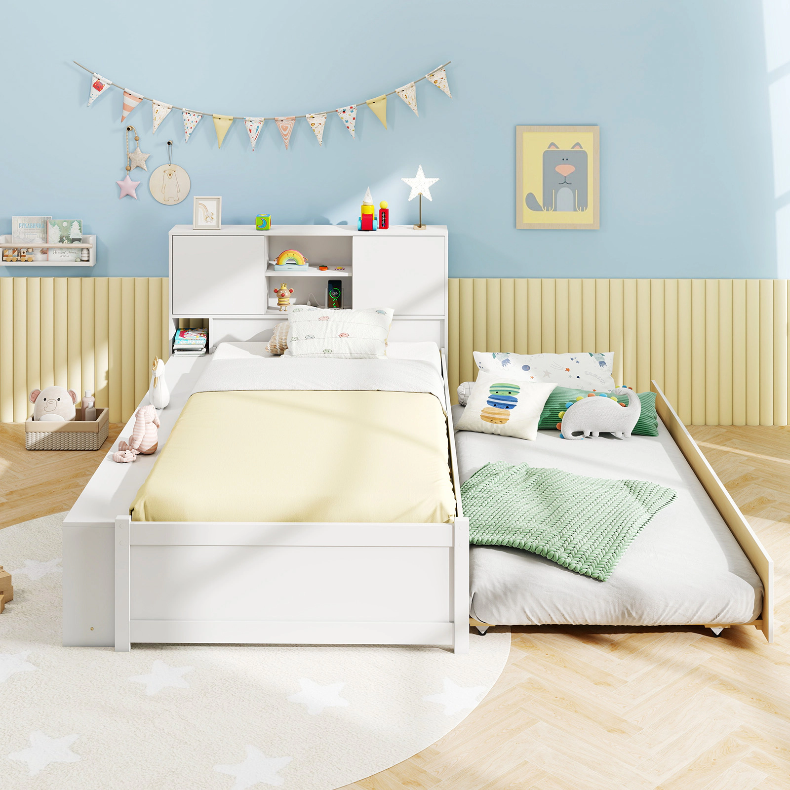 Twin Size Bed Frame with Trundle and Power Outlets Solid Wood Kids Bed with Storage Headboard Bedside Shelves White