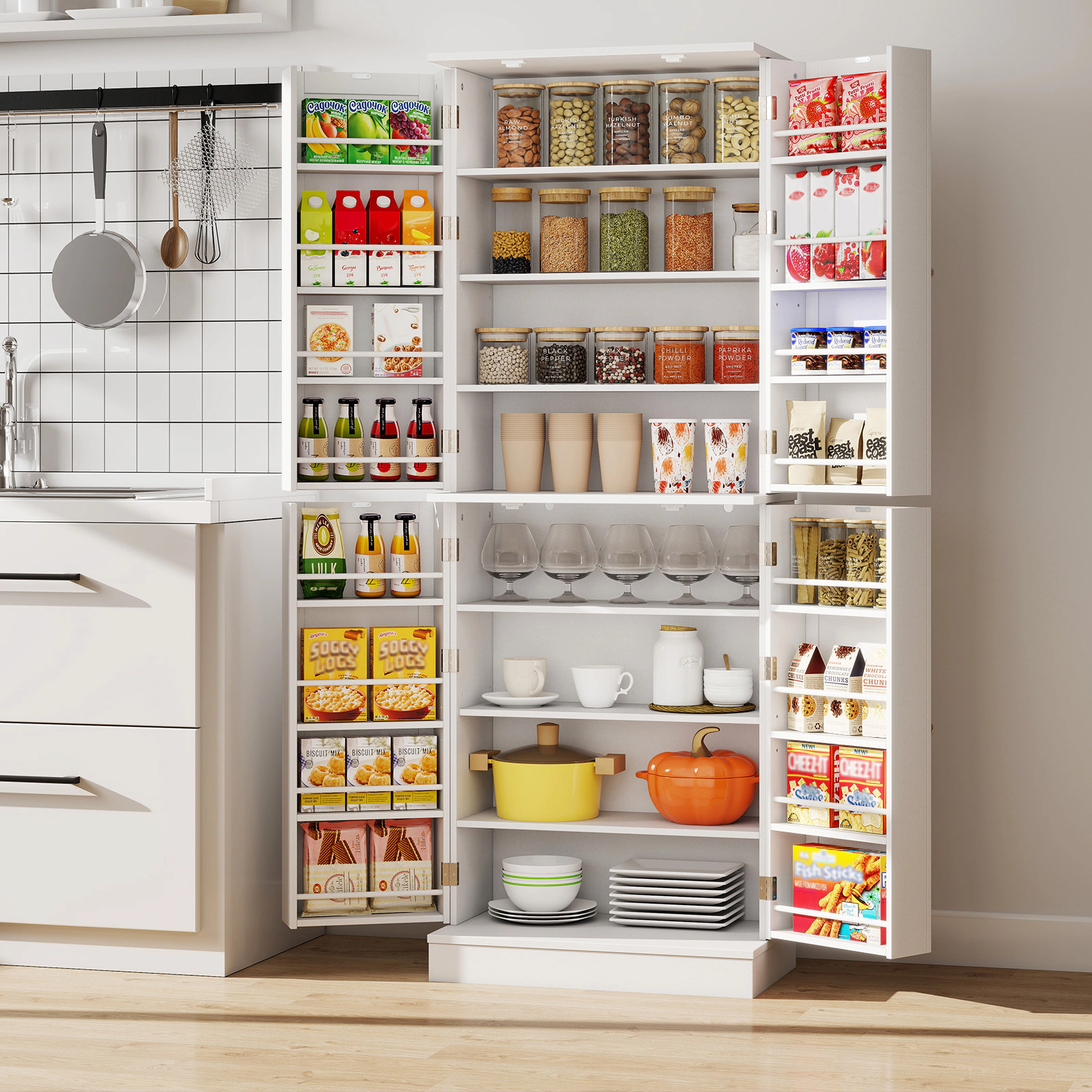 SUGIFT 65.5-in Tall Freestanding White Pantry Storage Cabinet with 6 Adjustable Shelves and 16 Door Shelves