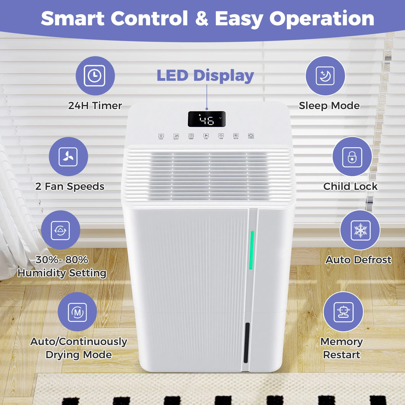 SlickBlue Large Room Dehumidifier, 74/96 Pint Capacity with LED Display, Auto Drain and Timer