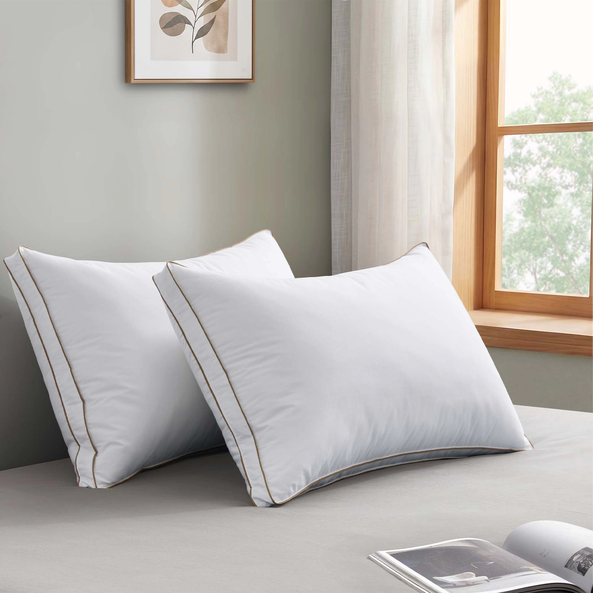PEACENEST High Loft Goose Feather Pillow Set with Cotton Shell