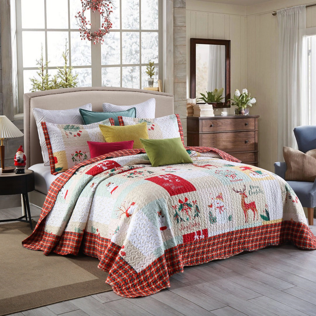 MarCielo 3 Piece Christmas Holiday Quilt Set Patchwork Winter Bedspread Set
