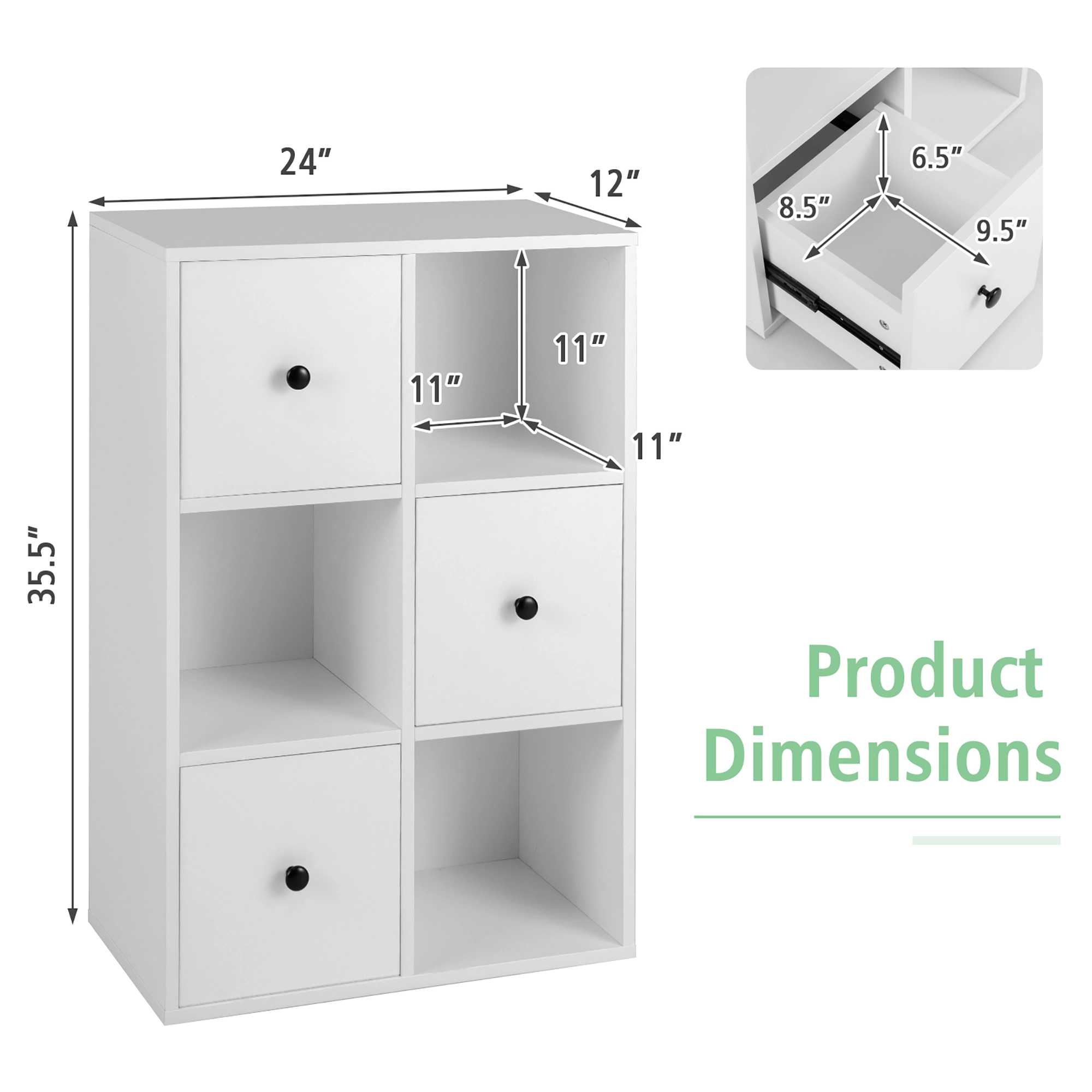 Costway 6-Cube Bookcase Storage Organizer with 3 Open Cubes 3 Drawers for Home Office White