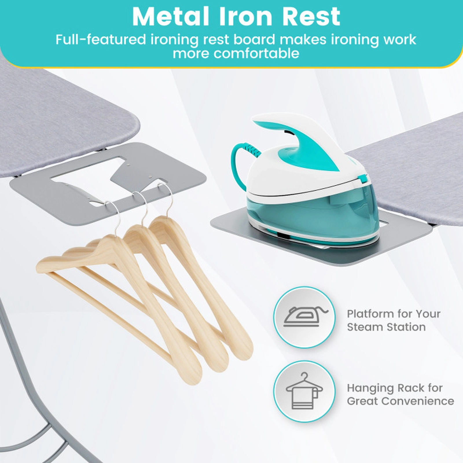 SUGIFT Gray Foldable Ironing Board, 7 Heights, 66 lb Capacity, Metal Iron Rest