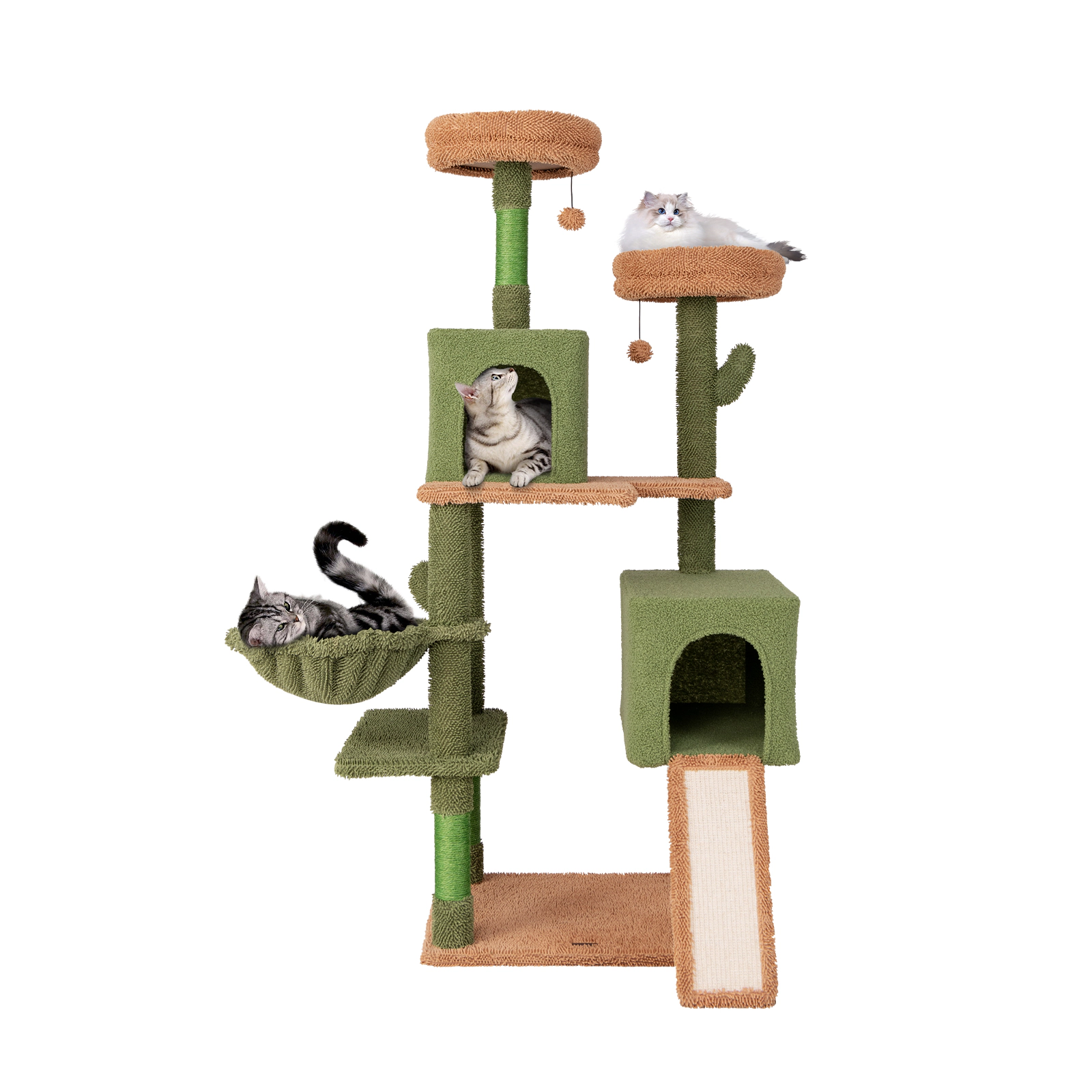 SUGIFT Multi-level Cactus Cat Tree with Scratching Posts Ladder Double Condos and Toys Bed 33-lb Capacity Green + Brown