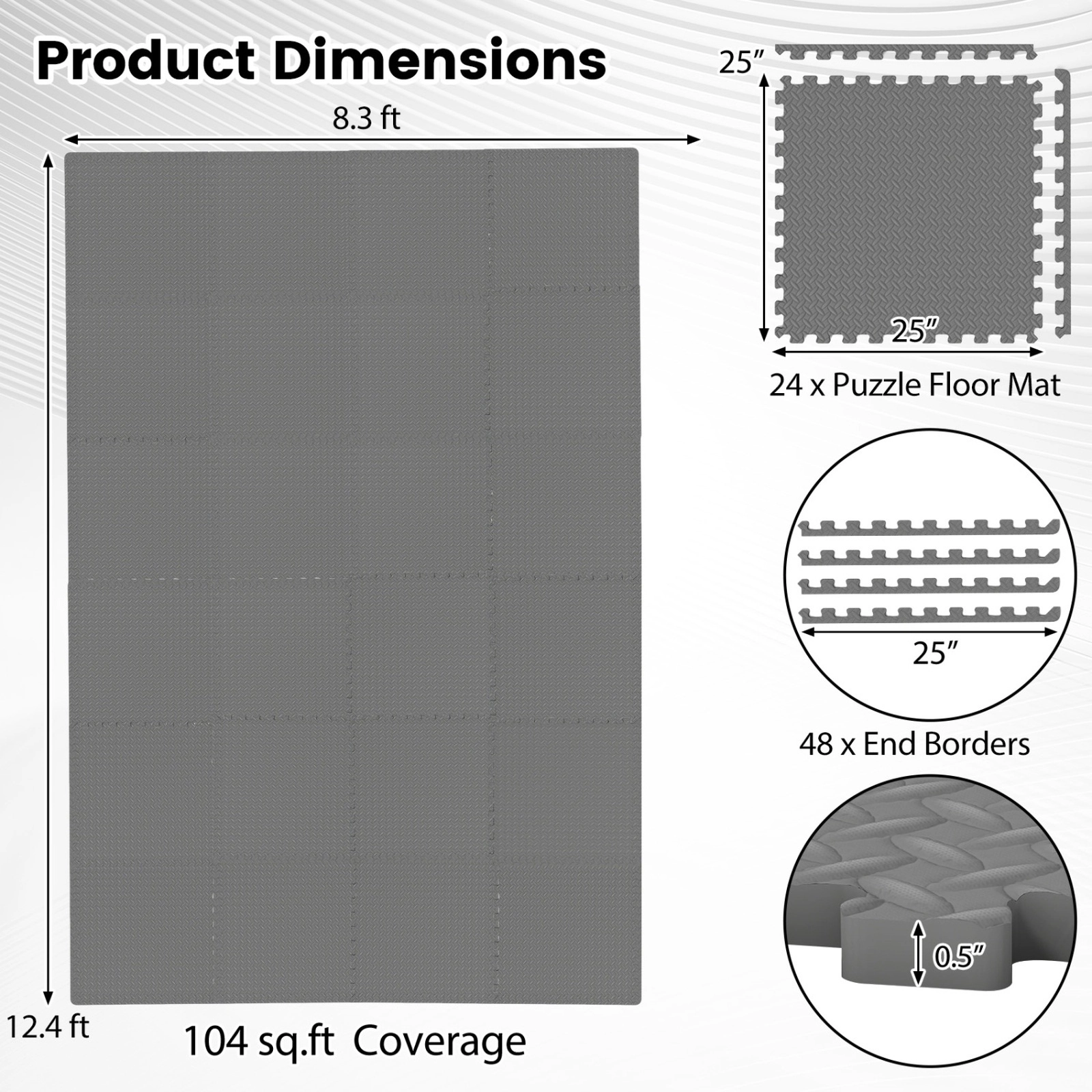 SUGIFT Gray 24-Piece 25-in x 25-in 0.5-in Thick Interlocking EVA Foam Puzzle Exercise Floor Mats with Borders
