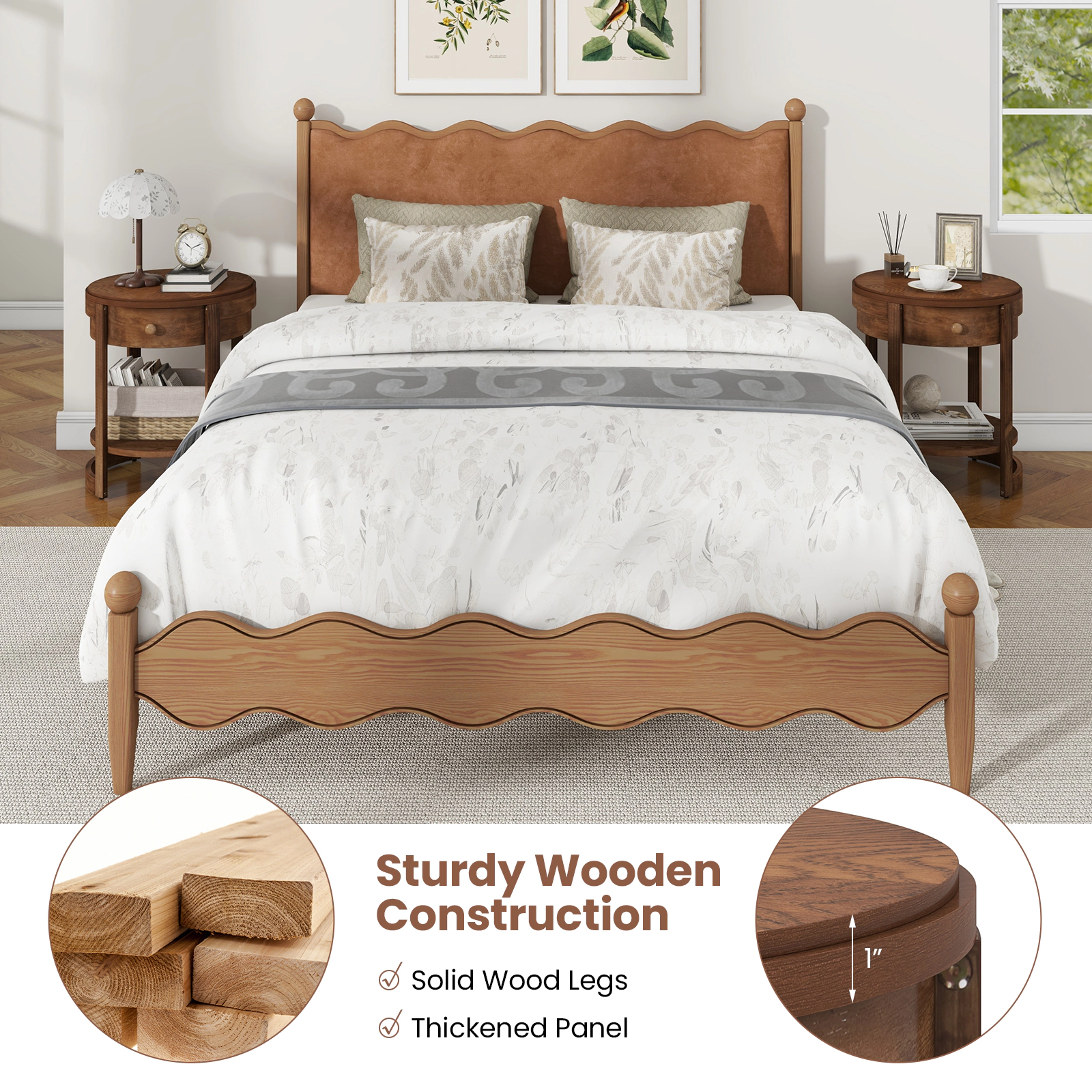 Glintex Round 2-Tier Nightstand with Drawer Open Shelf and Rubber Wood Legs