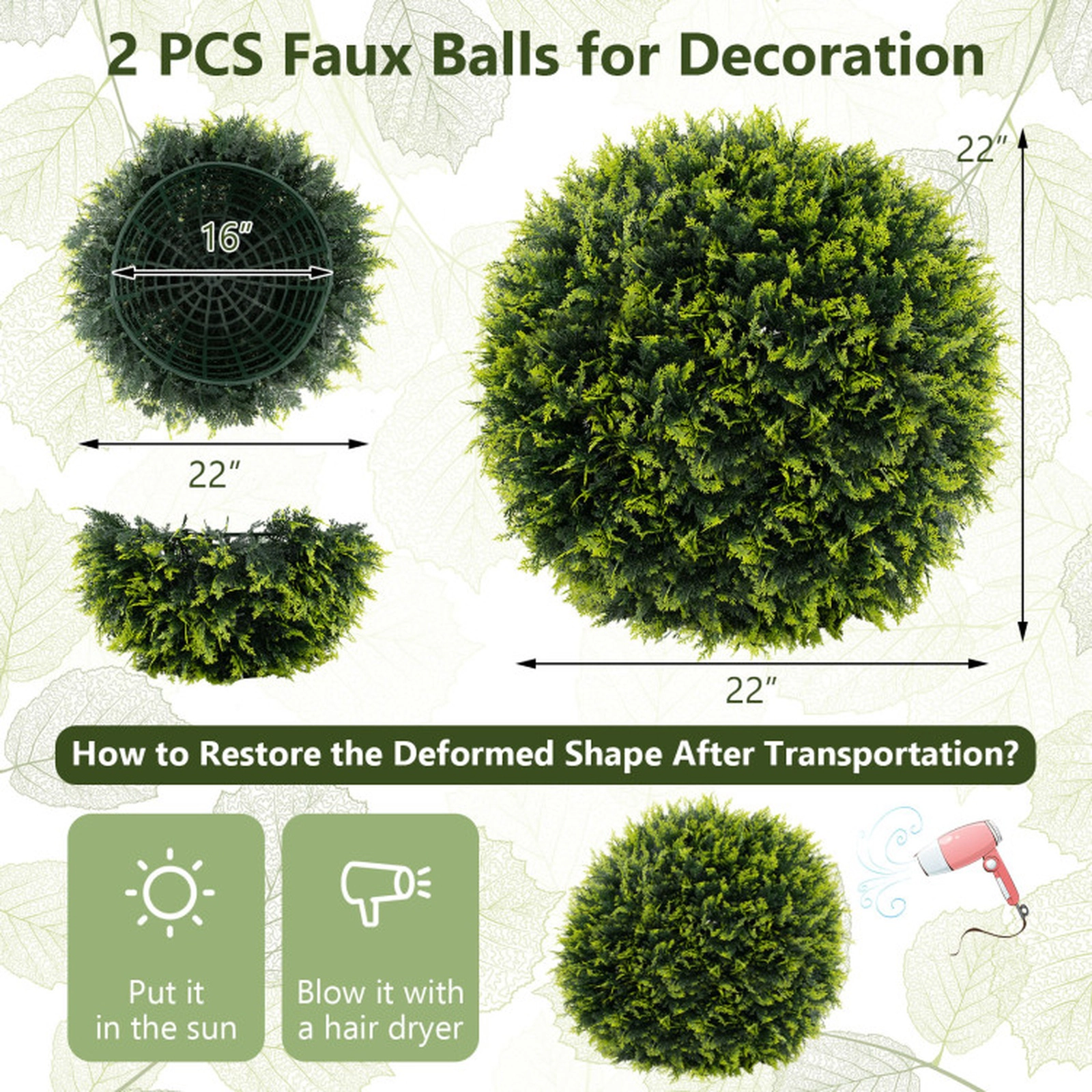 SUGIFT Set of 2 Cedar Leaf Interlocking Shell Artificial Topiary Balls 22-in and 16-in Diameter 7-lb Green