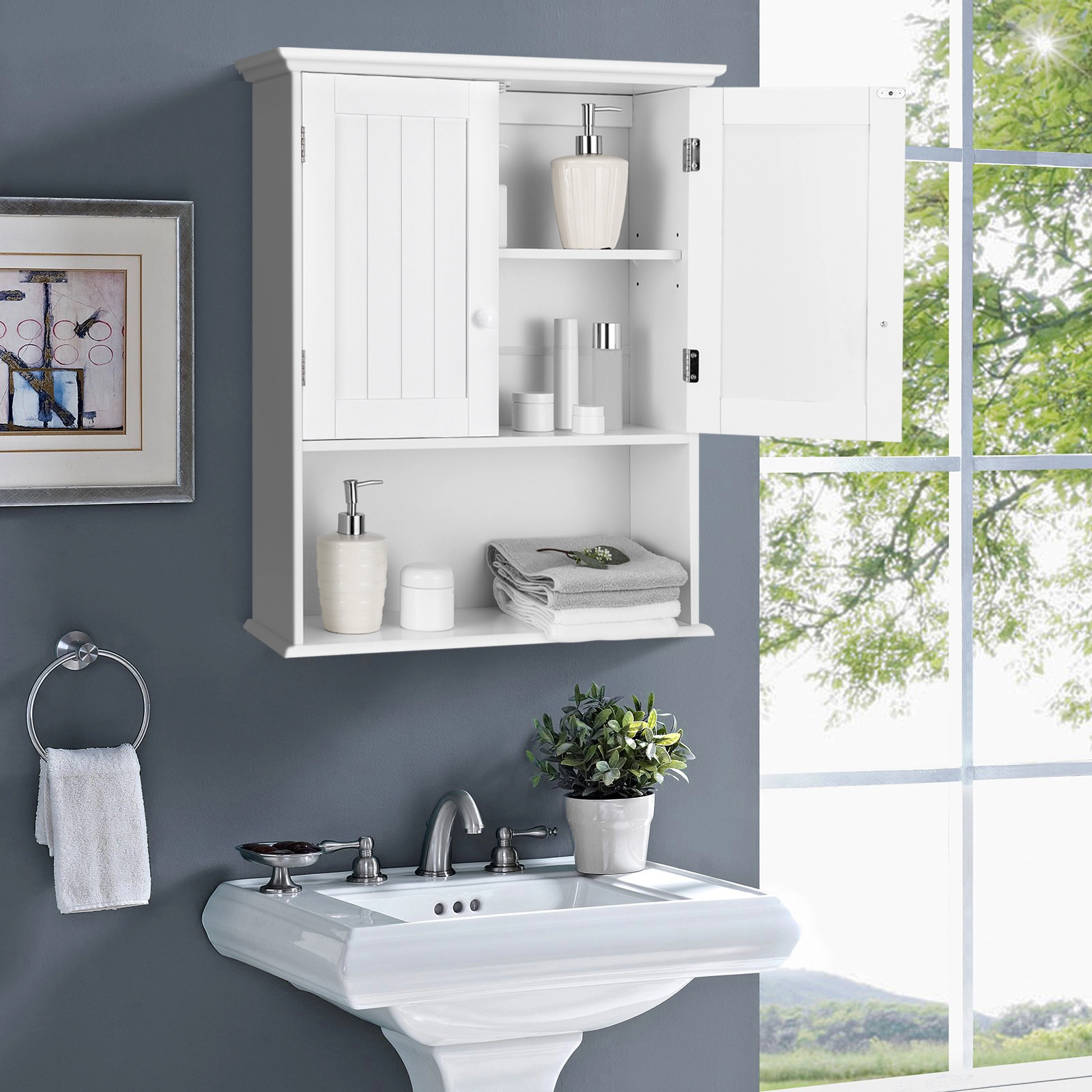 SUGIFT 2-Door Wall Mount Open Shelf MDF Bathroom Storage Cabinet 23.5-in x 8-in x 28-in 11-lb per Tier White