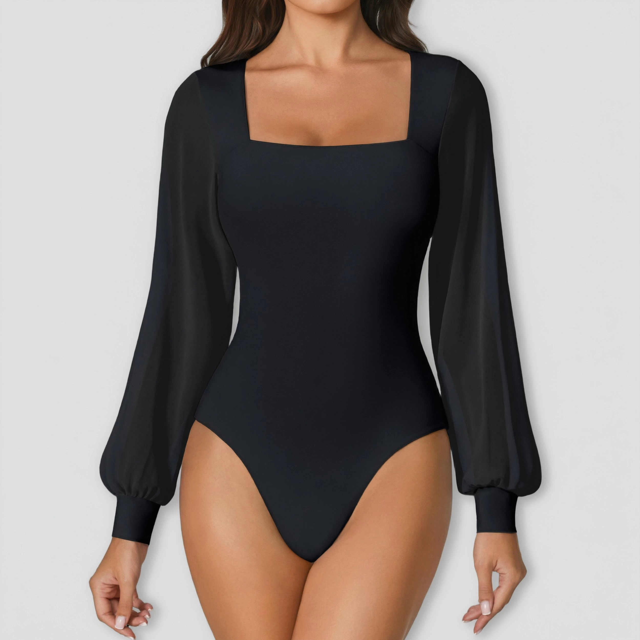 Avidlove Women's Square Neck Mesh Thong Long Sleeve Bodysuit