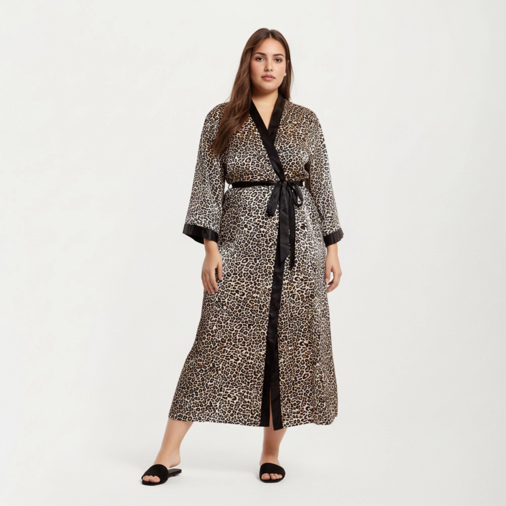 Anna-Kaci Women's Leopard Print Satin Robe Contrast Trim Silky Fabric Waist Tie Closure and Flowing Longline Silhouette