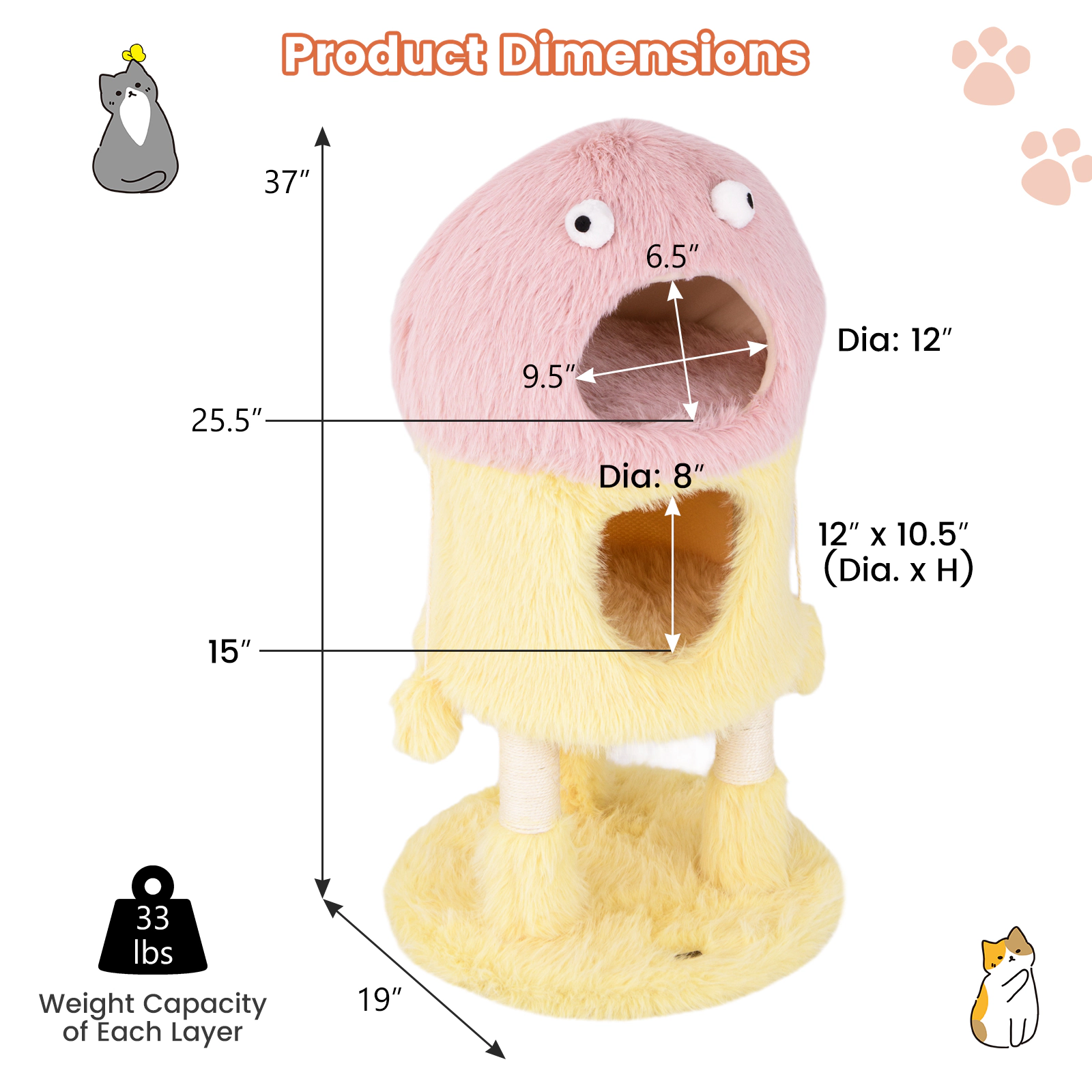 SUGIFT Monster-Themed Cat Tree Tower with 2 Private Condos and 3-Level Activity Center 33-lb Capacity Pink+Yellow
