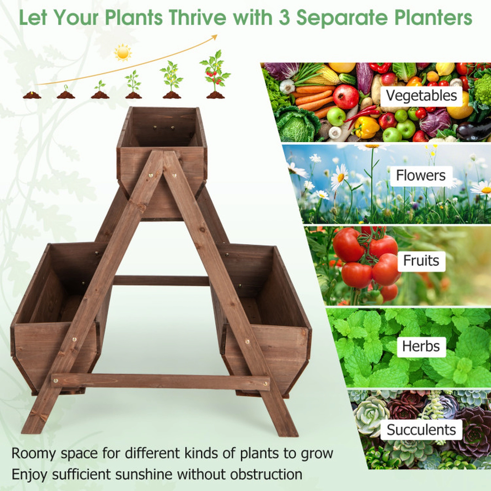 SUGIFT Brown Wood Vertical Raised Garden Bed with 3 Planter Boxes and A-Shaped Frame 44-in W 36-in D 35-in H