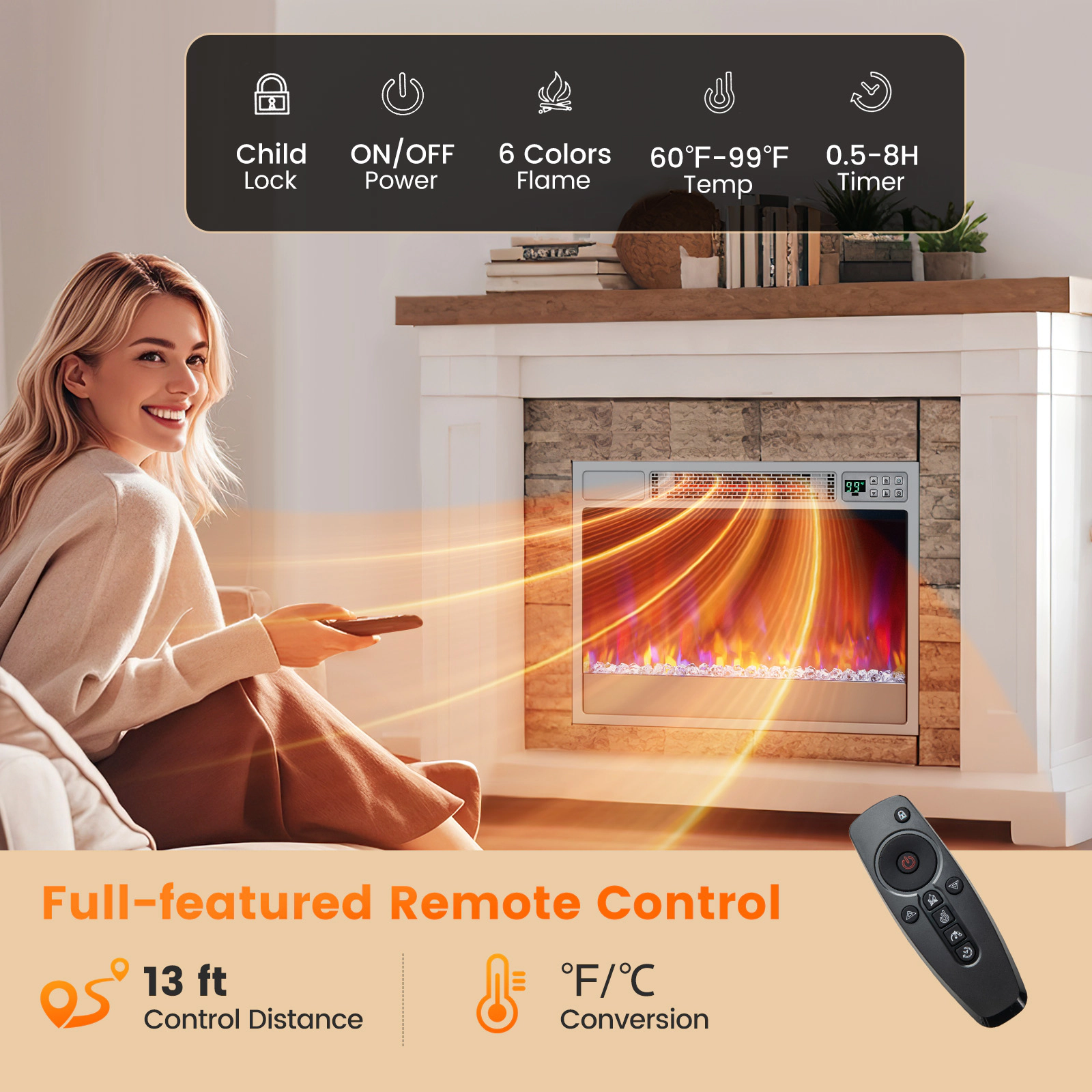 SUGIFT 23-in Infrared Quartz 5 Brightness Levels Recessed Electric Fireplace 25-in x 5-in x 18-in 1500W Silver