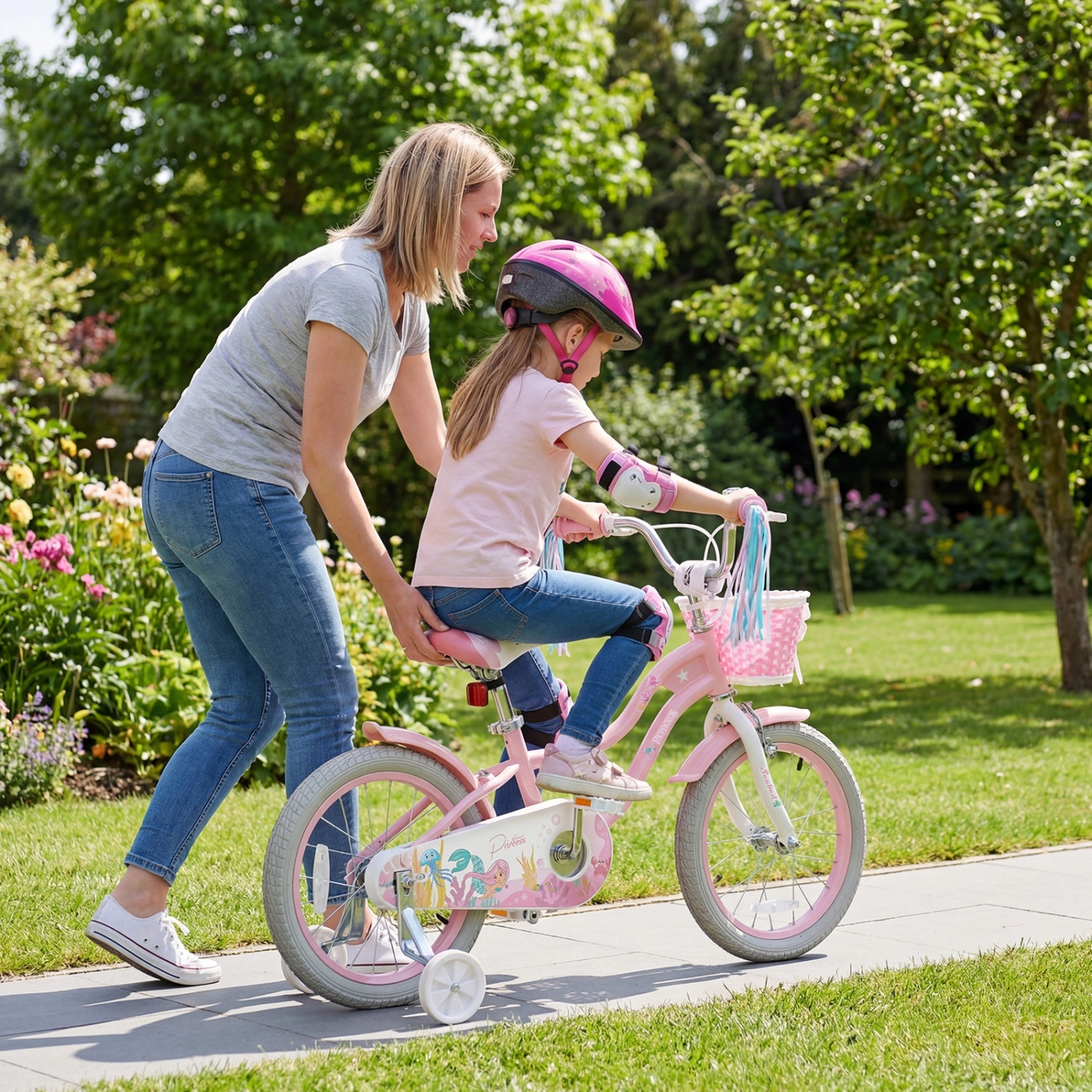 16-in Girls Kids Bike Removable Training Wheels Front Basket Ages 4-7 Pink Bicycle Mudguards 110-lb Seat Capacity