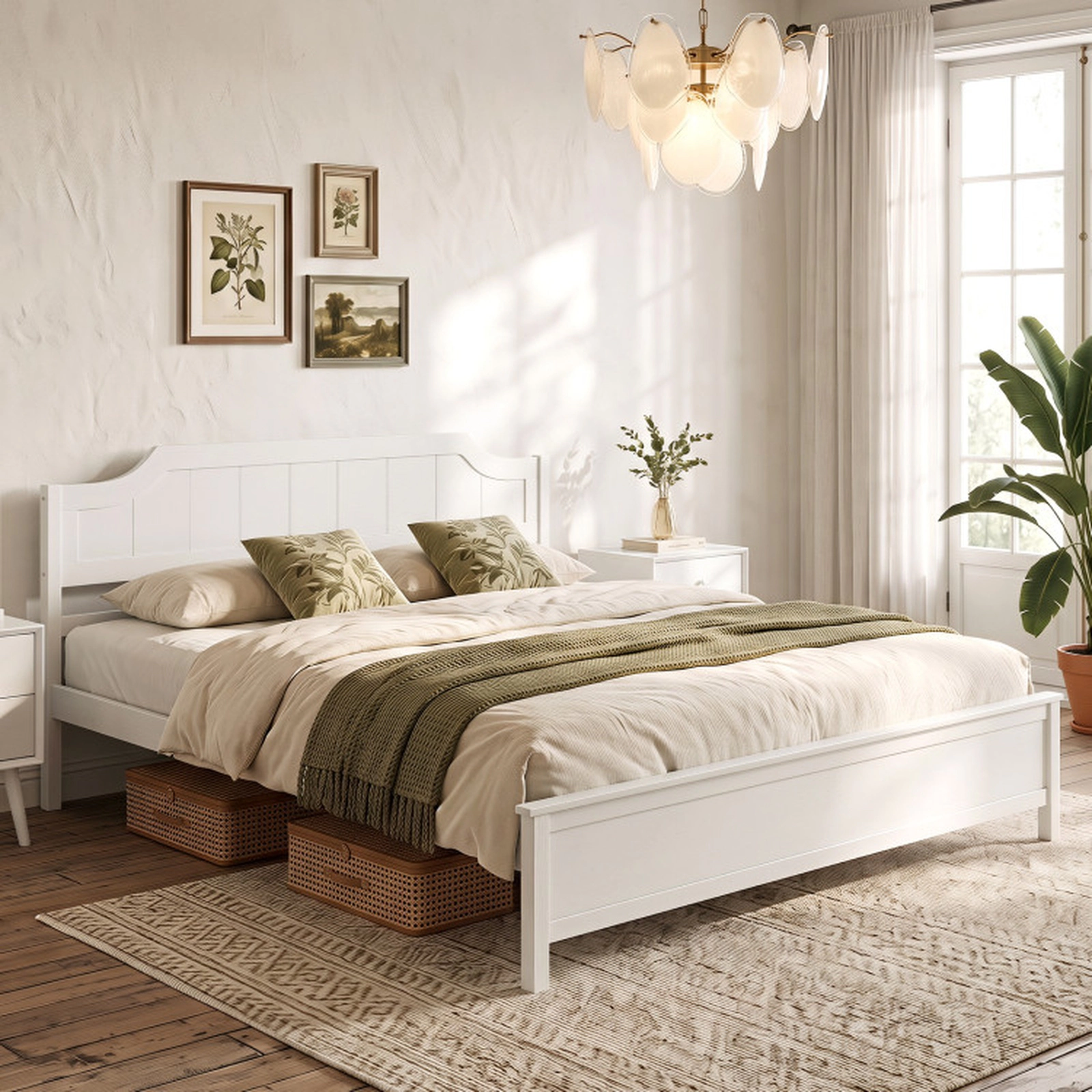 SUGIFT King Size 440-lb Capacity White Solid Wood Platform Bed Frame with Headboard and 8 Plywood Slats