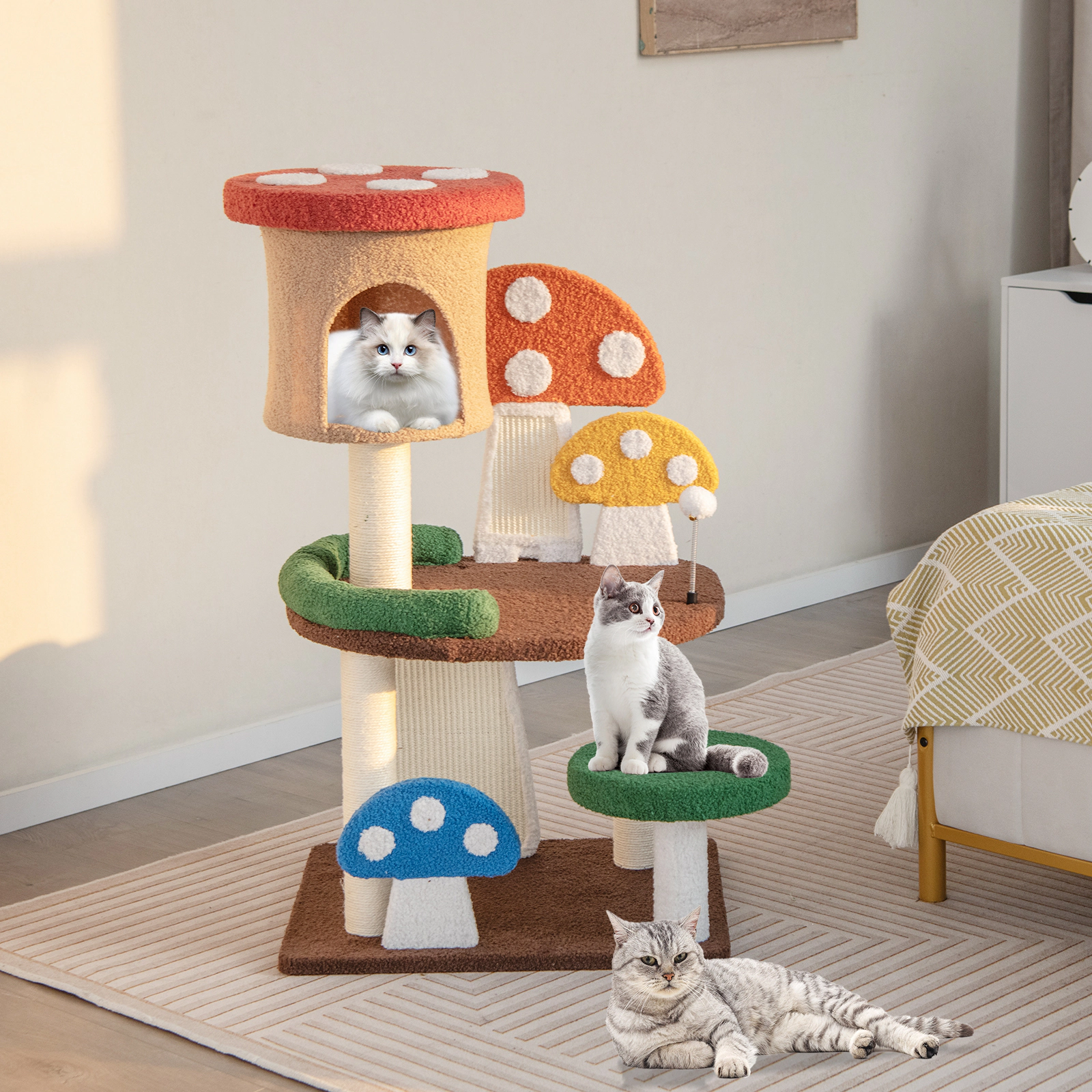 SUGIFT 4-in-1 Mushroom Cat Tree with Condo, Spring Ball and Sisal Posts 40.5-in Tall 22-lb Capacity Multicolor
