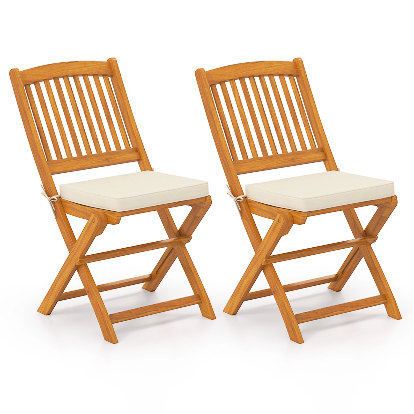 SUGIFT Set of 2 Natural Acacia Wood Folding Outdoor Chairs with Beige Cushions, 400 lb Capacity