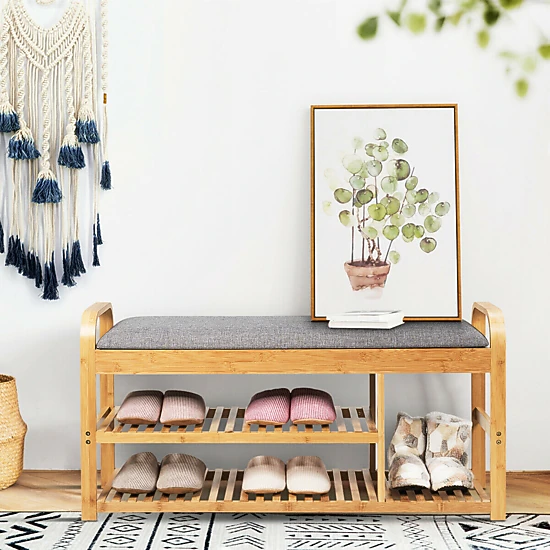 Glintex 40-Inch Bamboo Shoe Bench with 3-Tier Shelves and 2-Person Seat, Natural