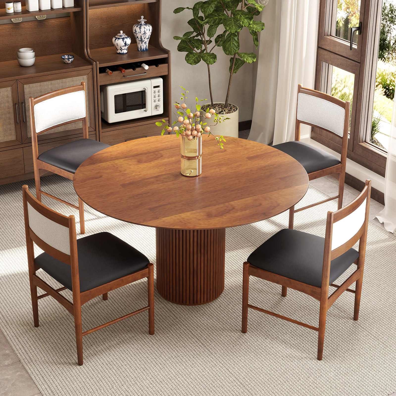 LJG Wooden Dining Chair Set of 2 with Rubber Wood Frame and Faux Sherpa Backrest