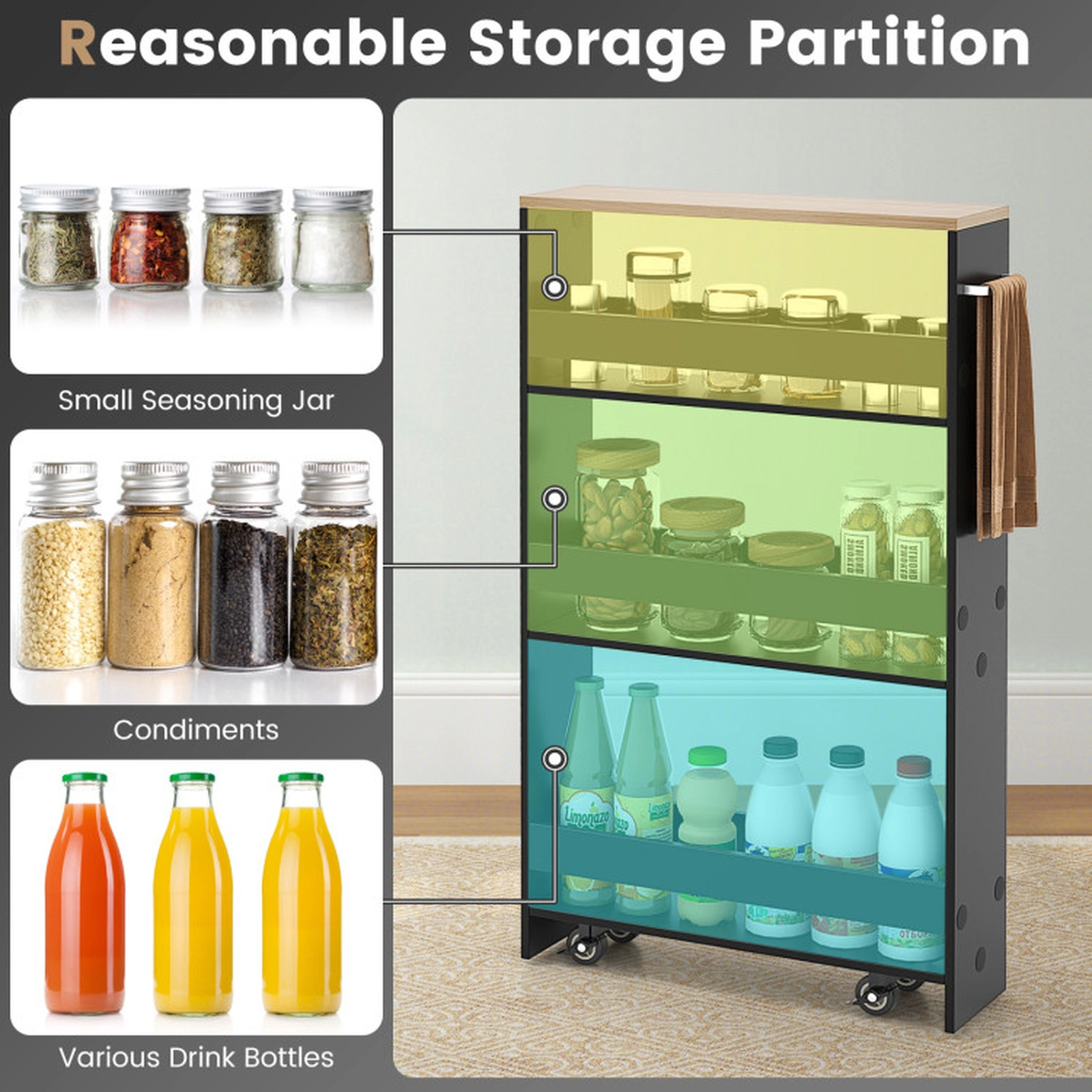 SUGIFT Rolling Kitchen Slim Storage Cart Black 4-Tier Organizer with Handle