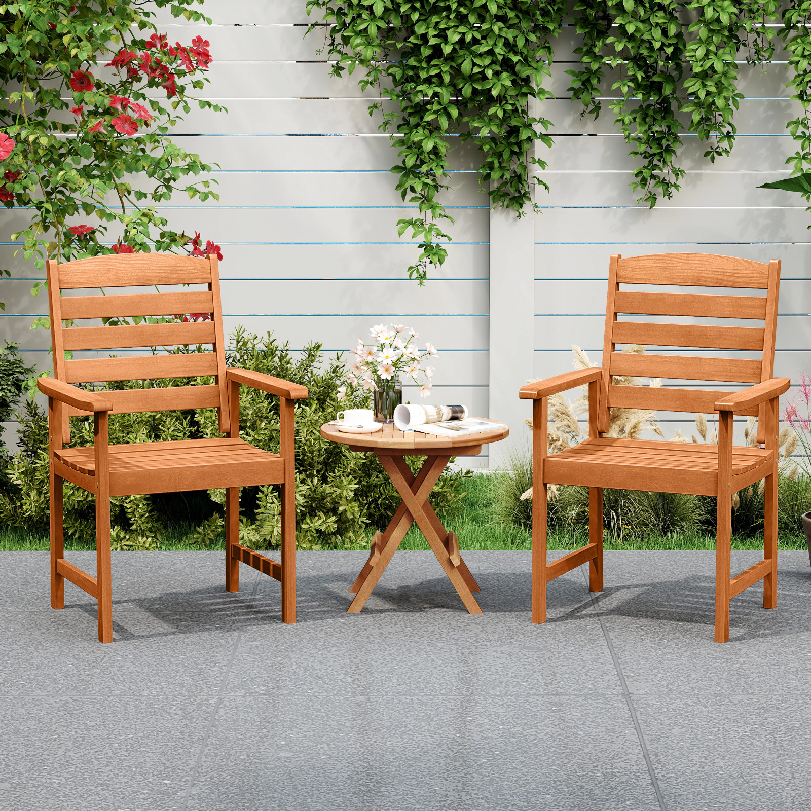 LJG Outdoor Wooden Dining Chairs with Inclined Backrests and Slatted Seats