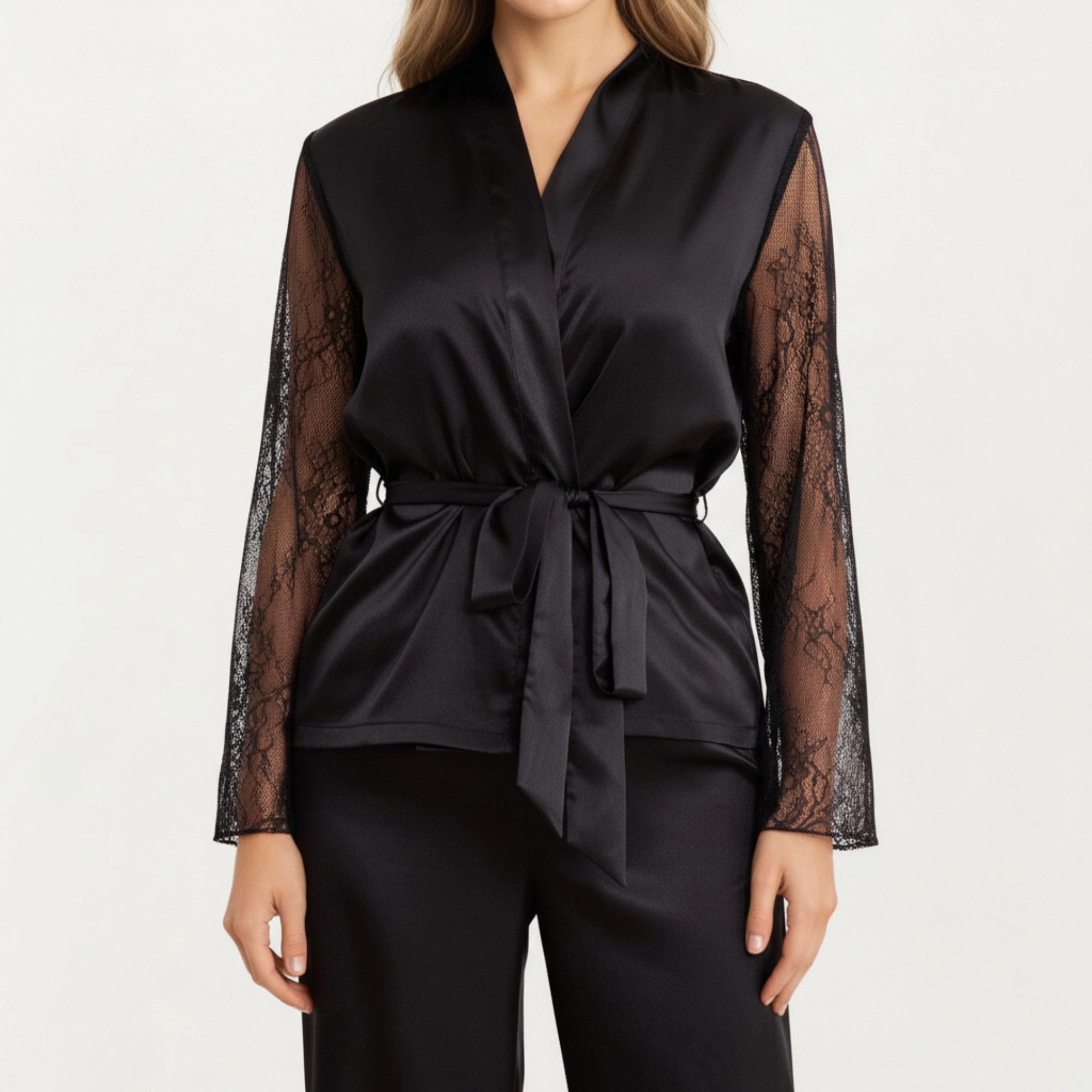 Anna-Kaci Women's Satin Pajama Set with Lace Sleeve Detail and Matching Tie-Waist Top Straight Leg Pants