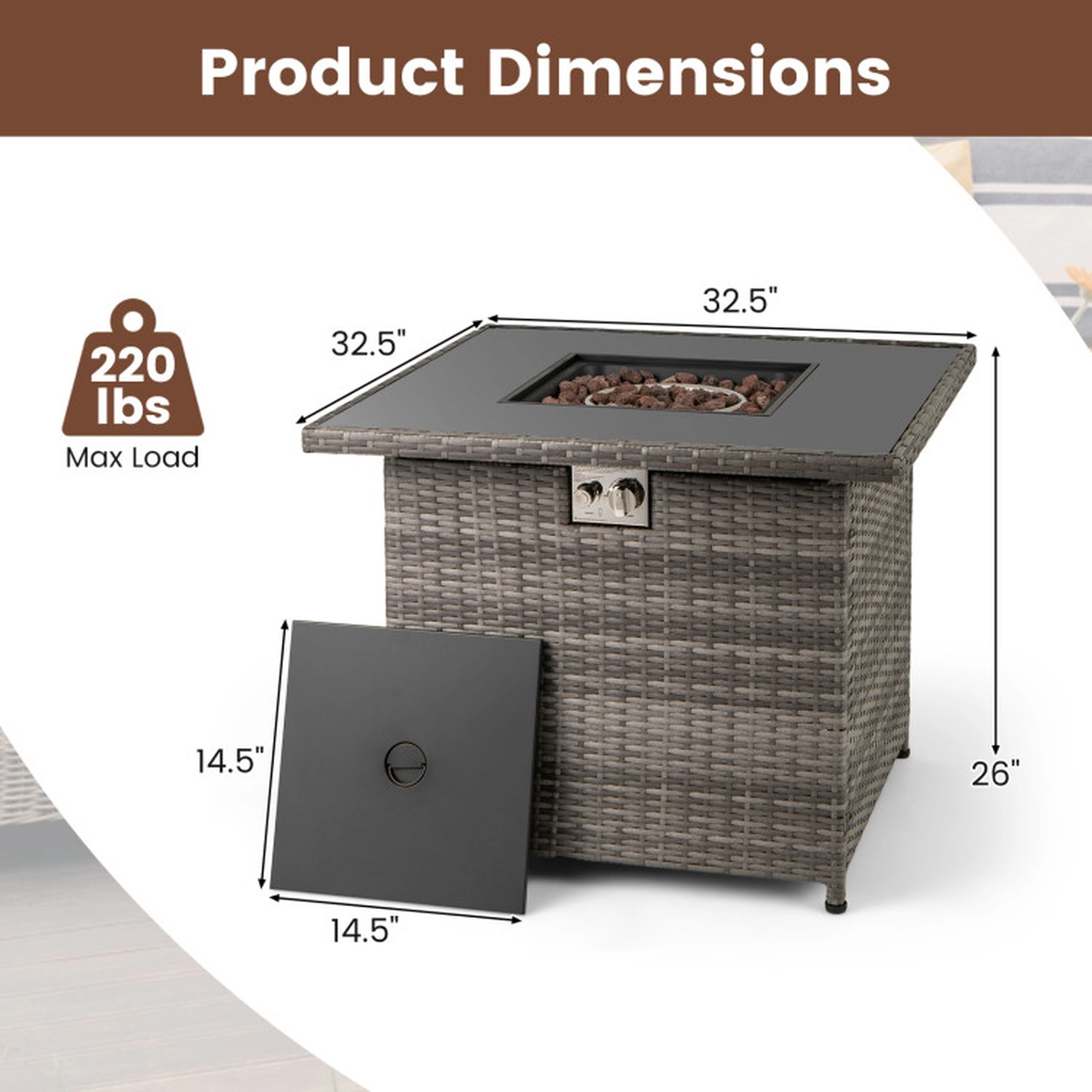 SUGIFT Square Gray Wicker Propane Fire Pit Table with Lid 32.5-in W 32.5-in D 26-in H 220-lb Tabletop Capacity