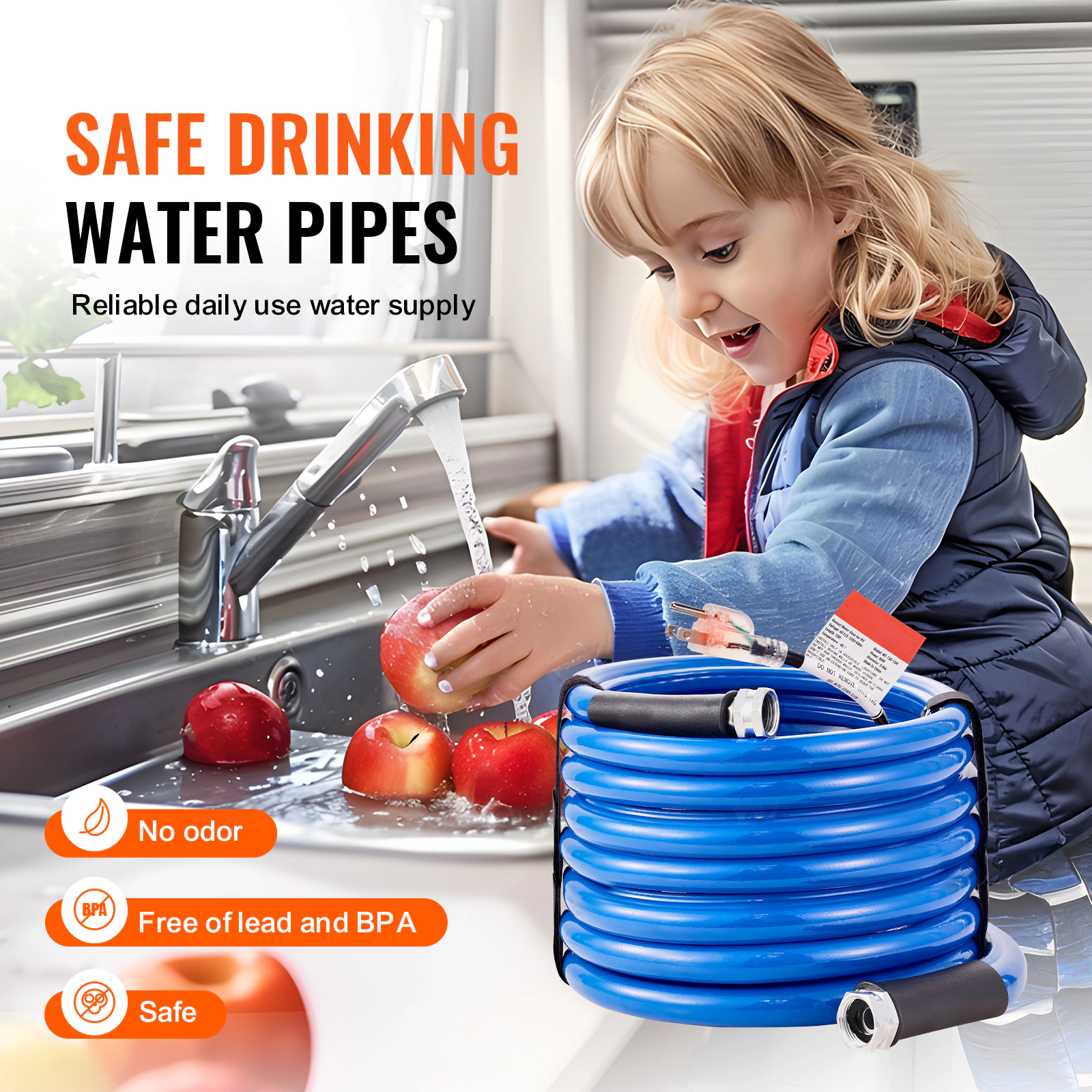 HONGGE 30 ft Heated Water Hose for RV, Freeze-Resistant to -45°F, 5/8 Inch Lead-Free with 3/4 Inch GHT Fitting