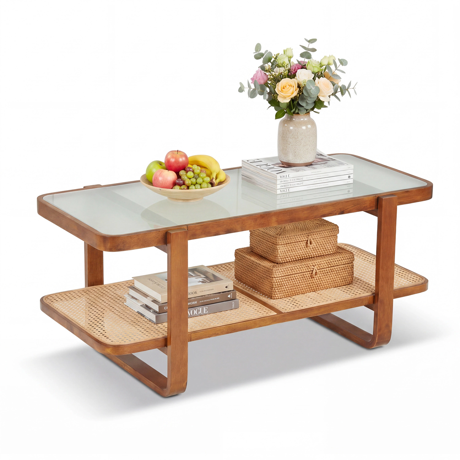 Glintex 2-Tier 41.5-Inch Rattan Coffee Table with Frosted Glass Top, Walnut