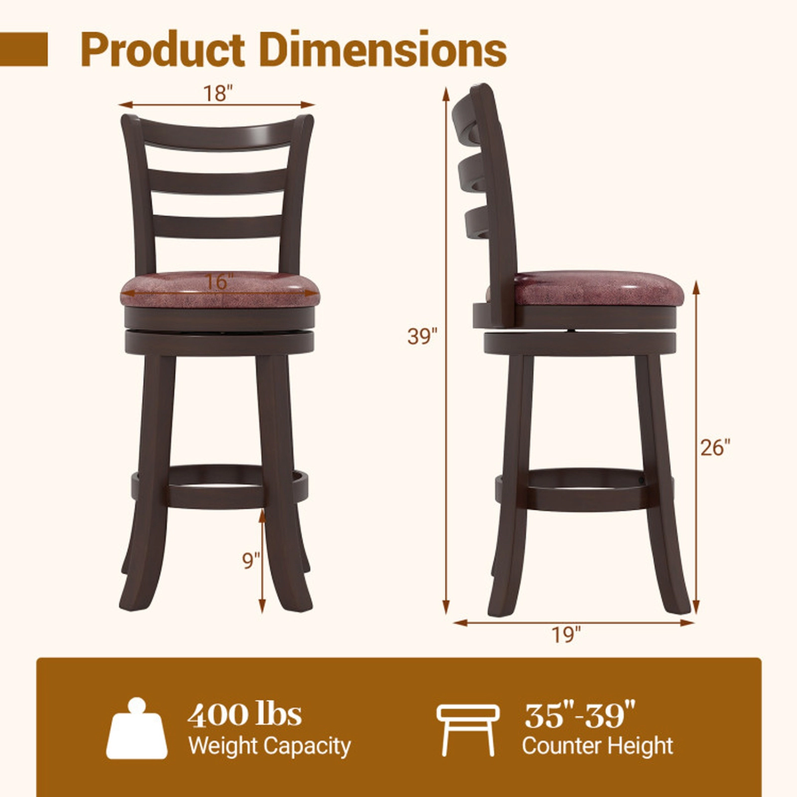SUGIFT Set of 2 26-in Seat H Wrap-Around Footrest 400-lb Swivel Counter Height Bar Stools Cappuccino