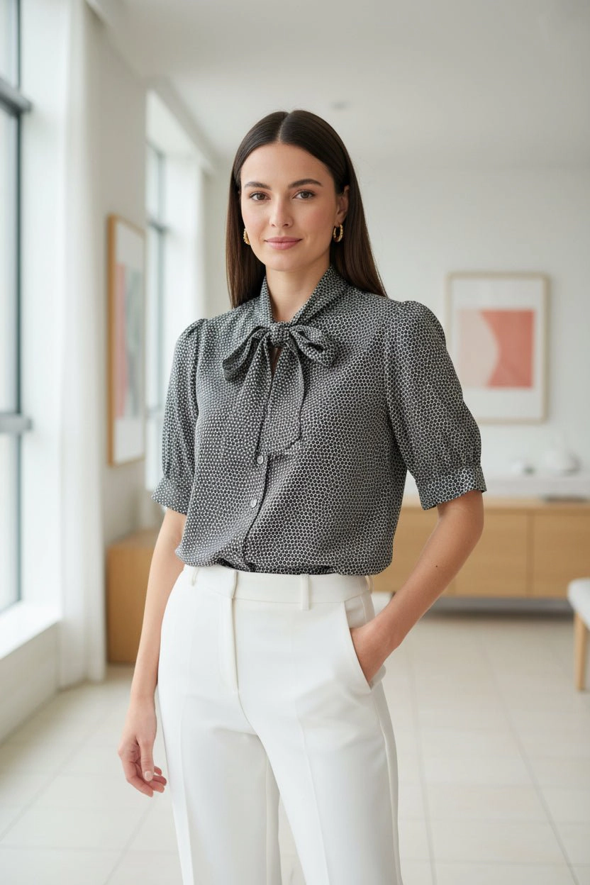 DressAtR Women's Tie Neck Button Front Elbow Sleeve Blouse