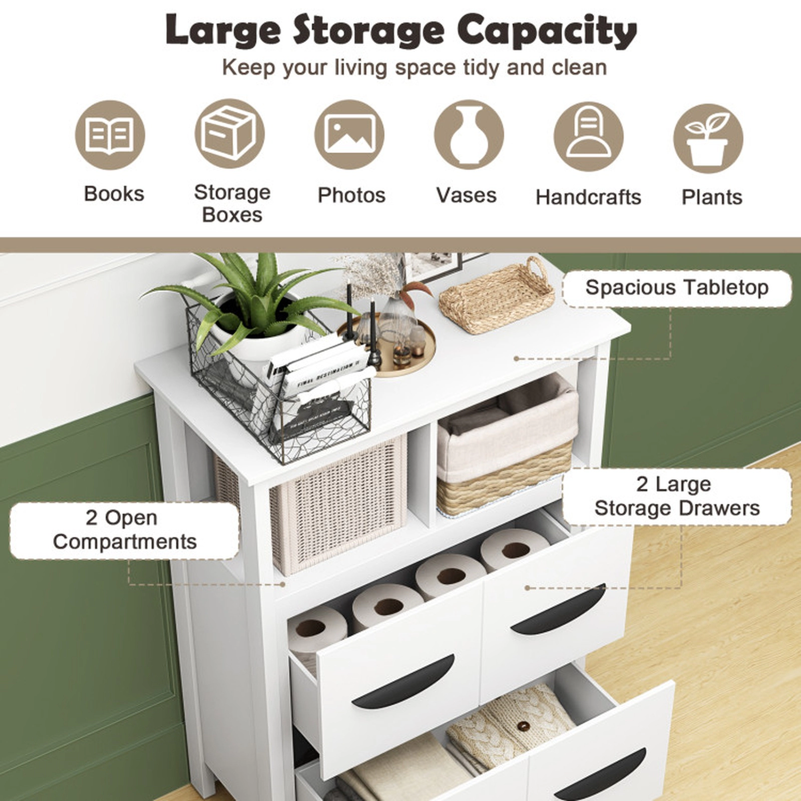 SUGIFT 2 Open Compartments 2 Drawers Freestanding Floor Storage Cabinet 24-in x 12-in x 31.5-in 90-lb Capacity White