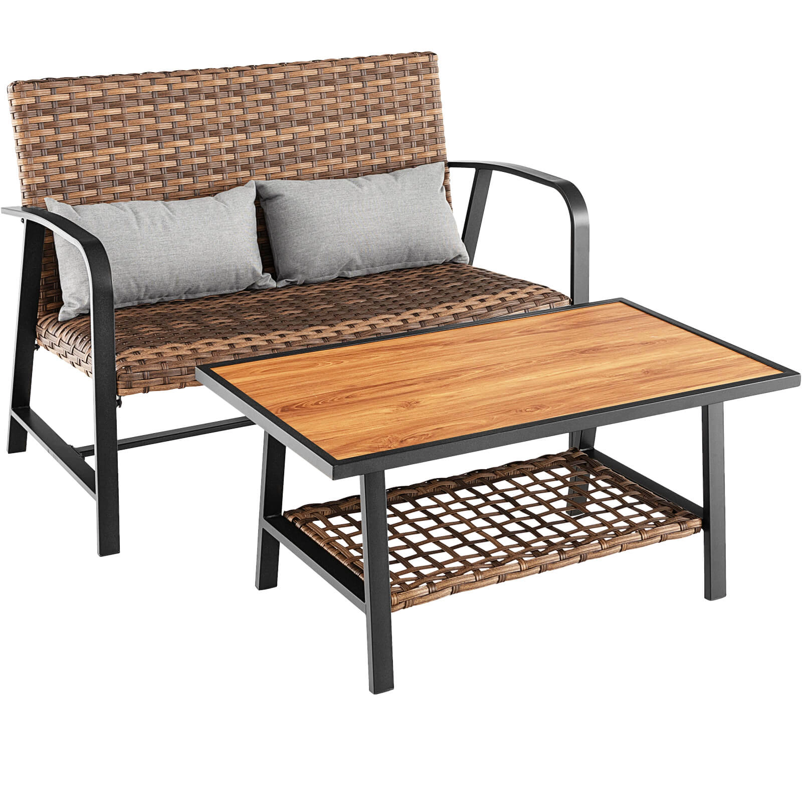 SUGIFT Brown Quick Dry Cushion 2-Piece Patio Rattan Loveseat and Coffee Table Set