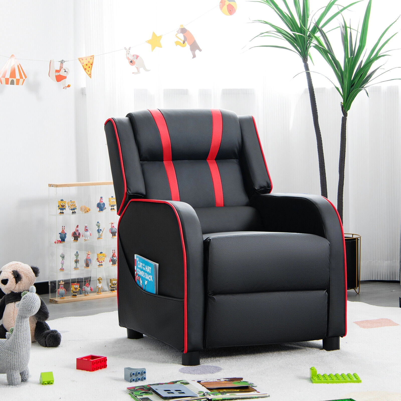 SUGIFT Kids Recliner Chair, 160° Reclining Seat with Adjustable Footrest, Side Pockets, Red PU Leather