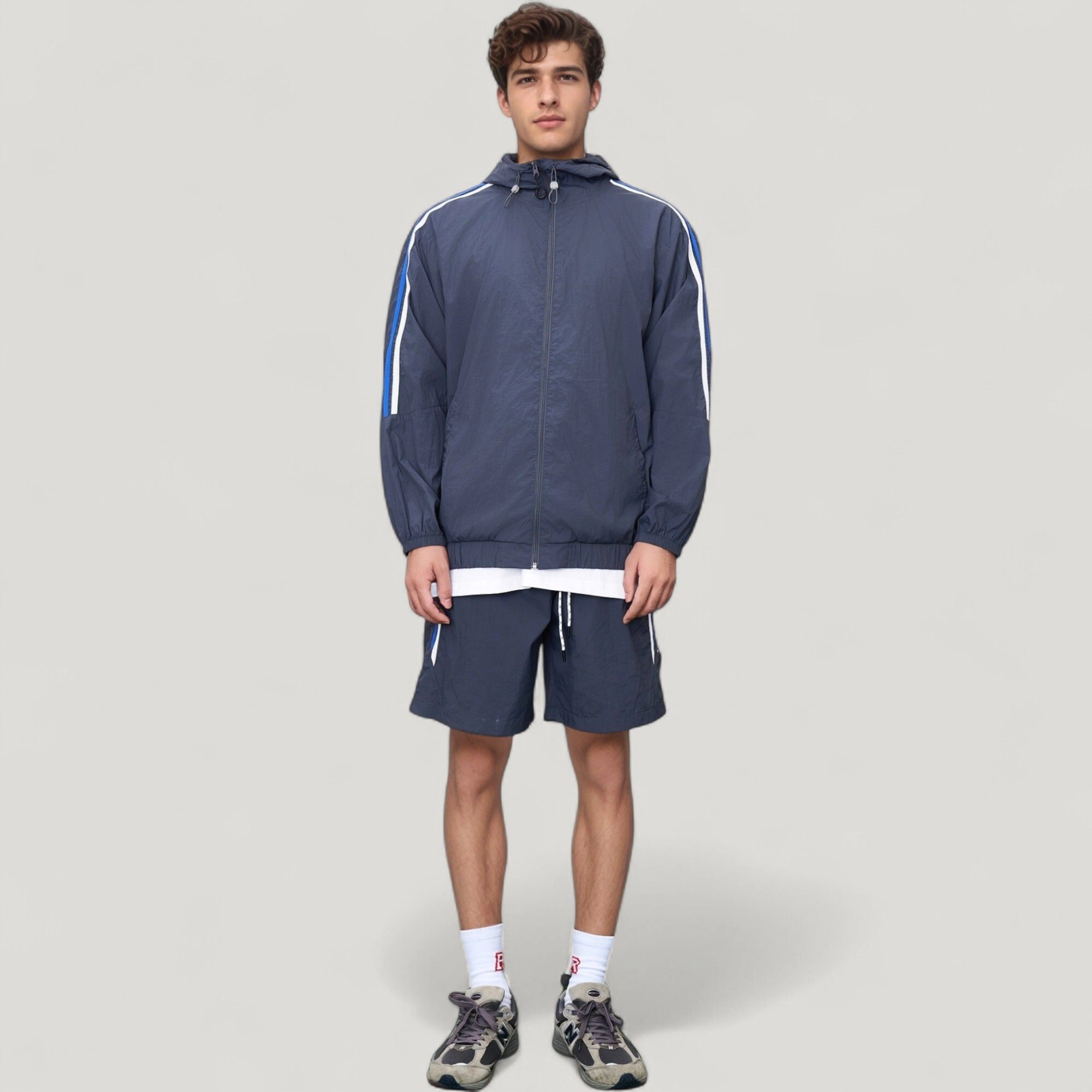 Anna-Kaci Men's Full Zip Hooded Jacket with Elastic Hem and Contrast Sleeve Stripes