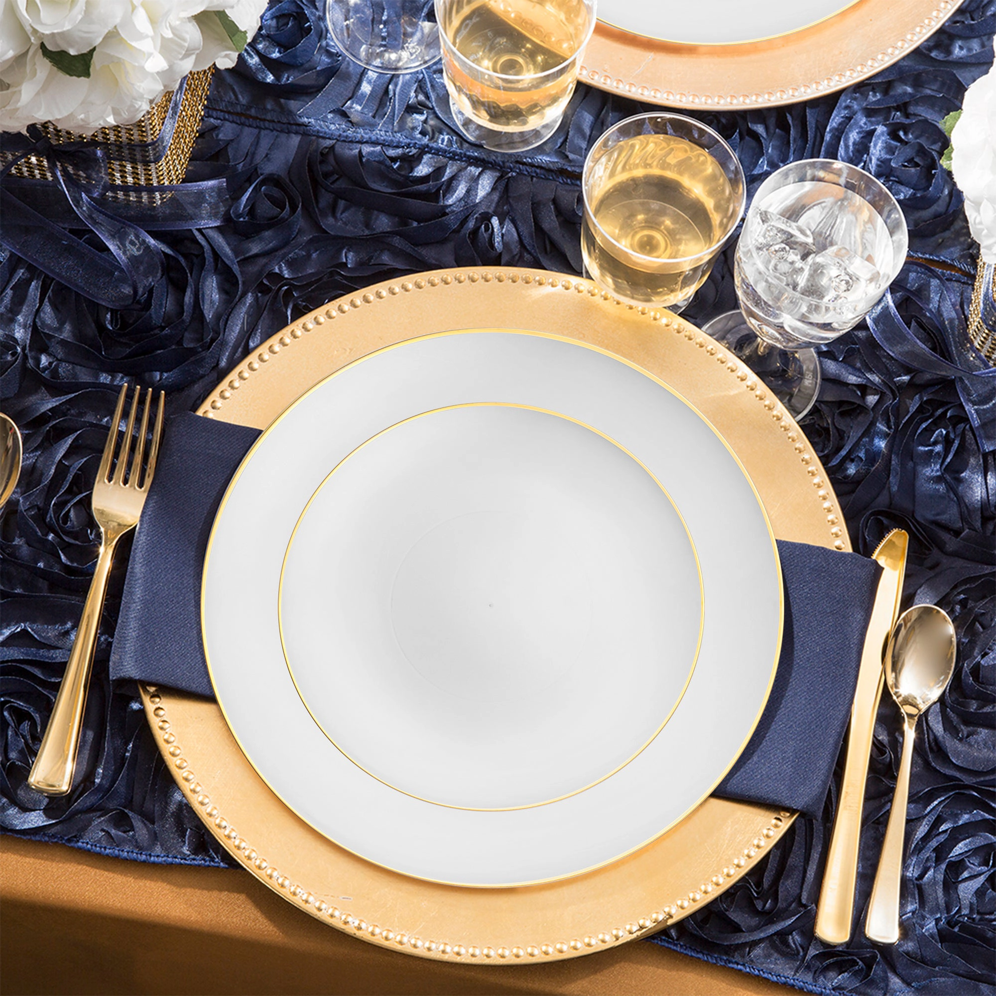 Smarty Had A Party White with Gold Rim Organic Round Disposable Plastic Wedding Value Set
